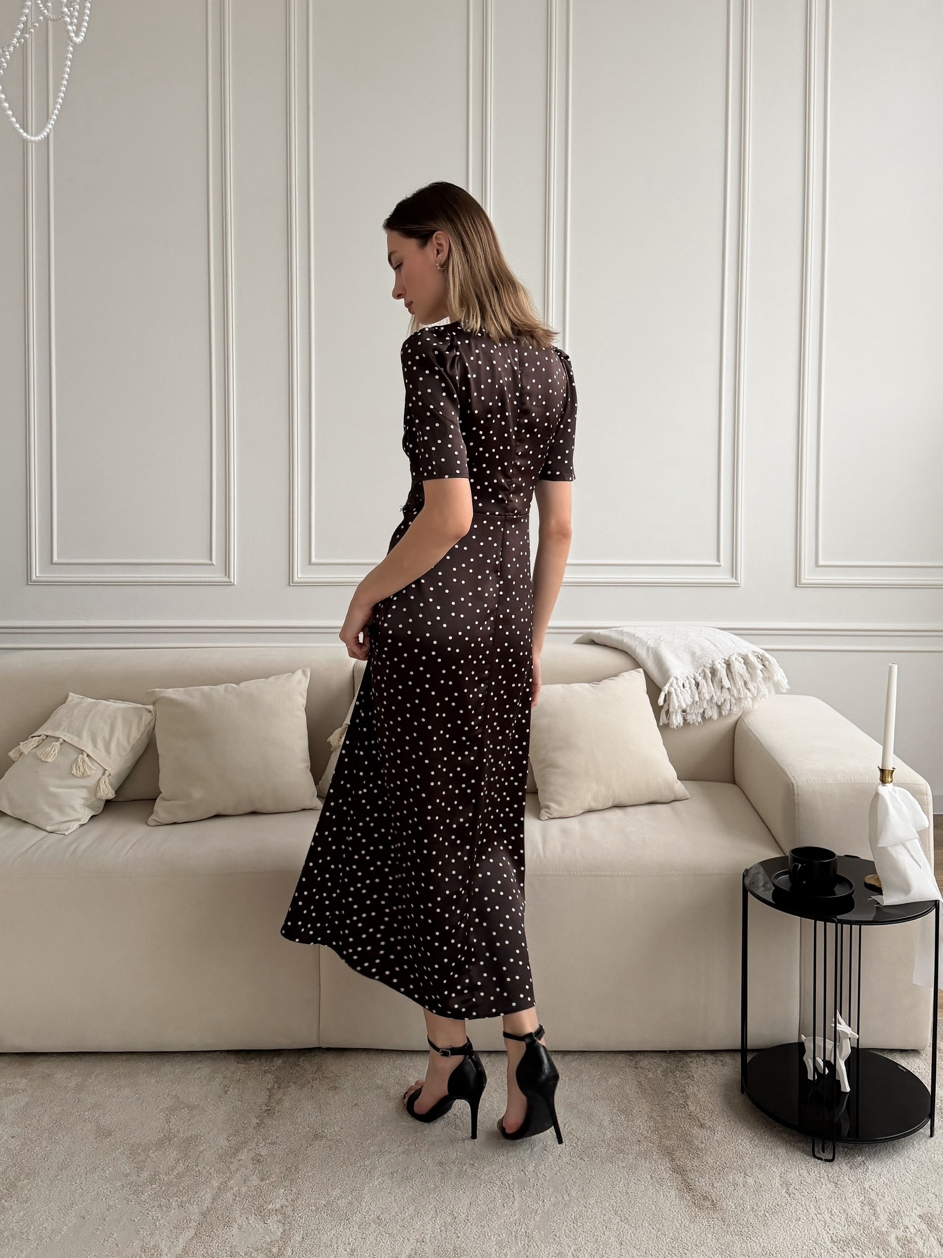 Платье Arai Mod длинное в горошек+кружева на талии