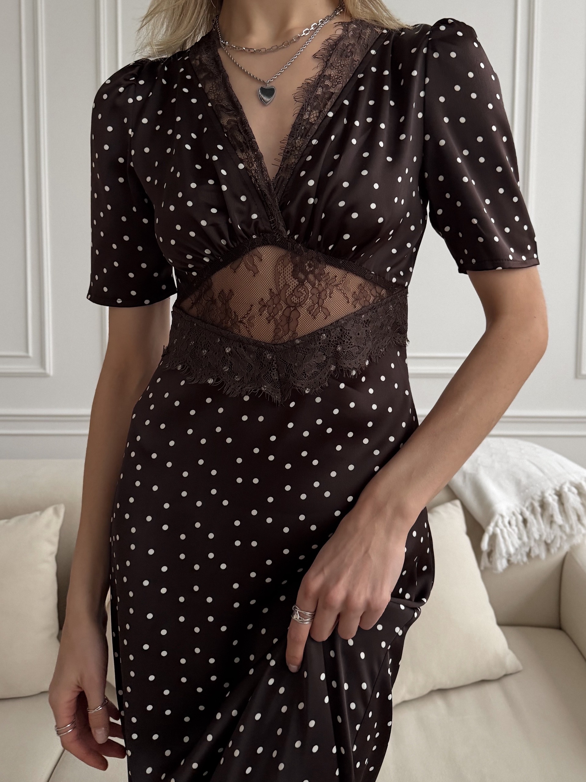 Платье Arai Mod длинное в горошек+кружева на талии