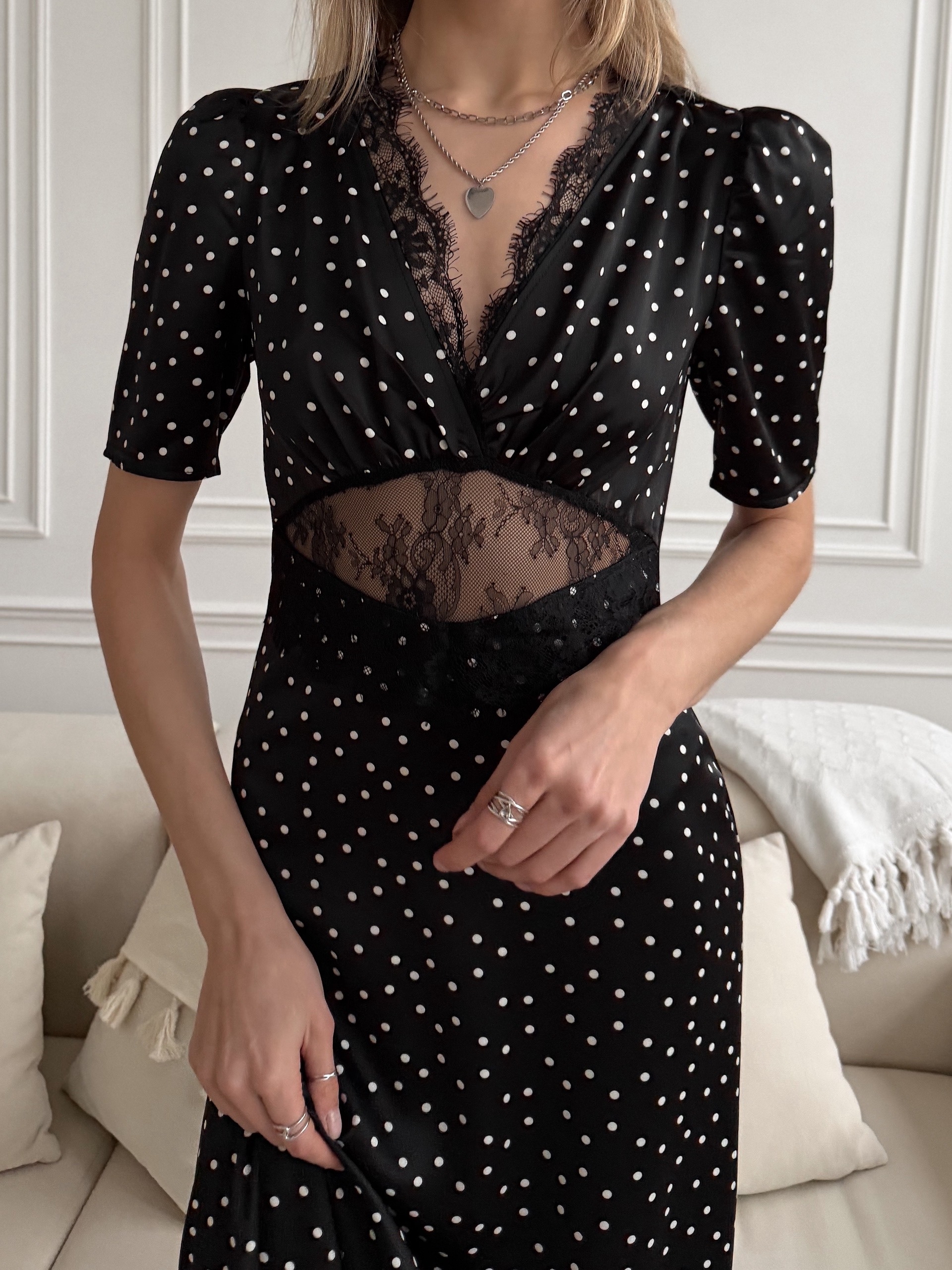 Платье Arai Mod длинное в горошек+кружева на талии