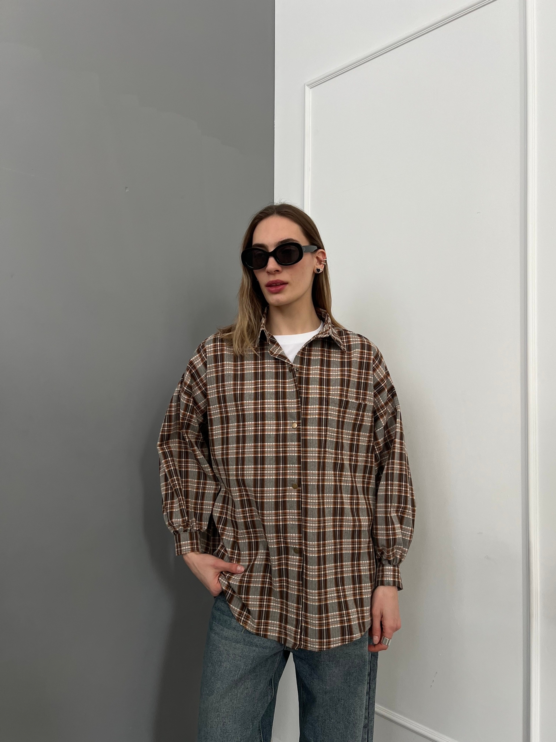 Рубашка LanLan 9227 клетка кармашек на груди