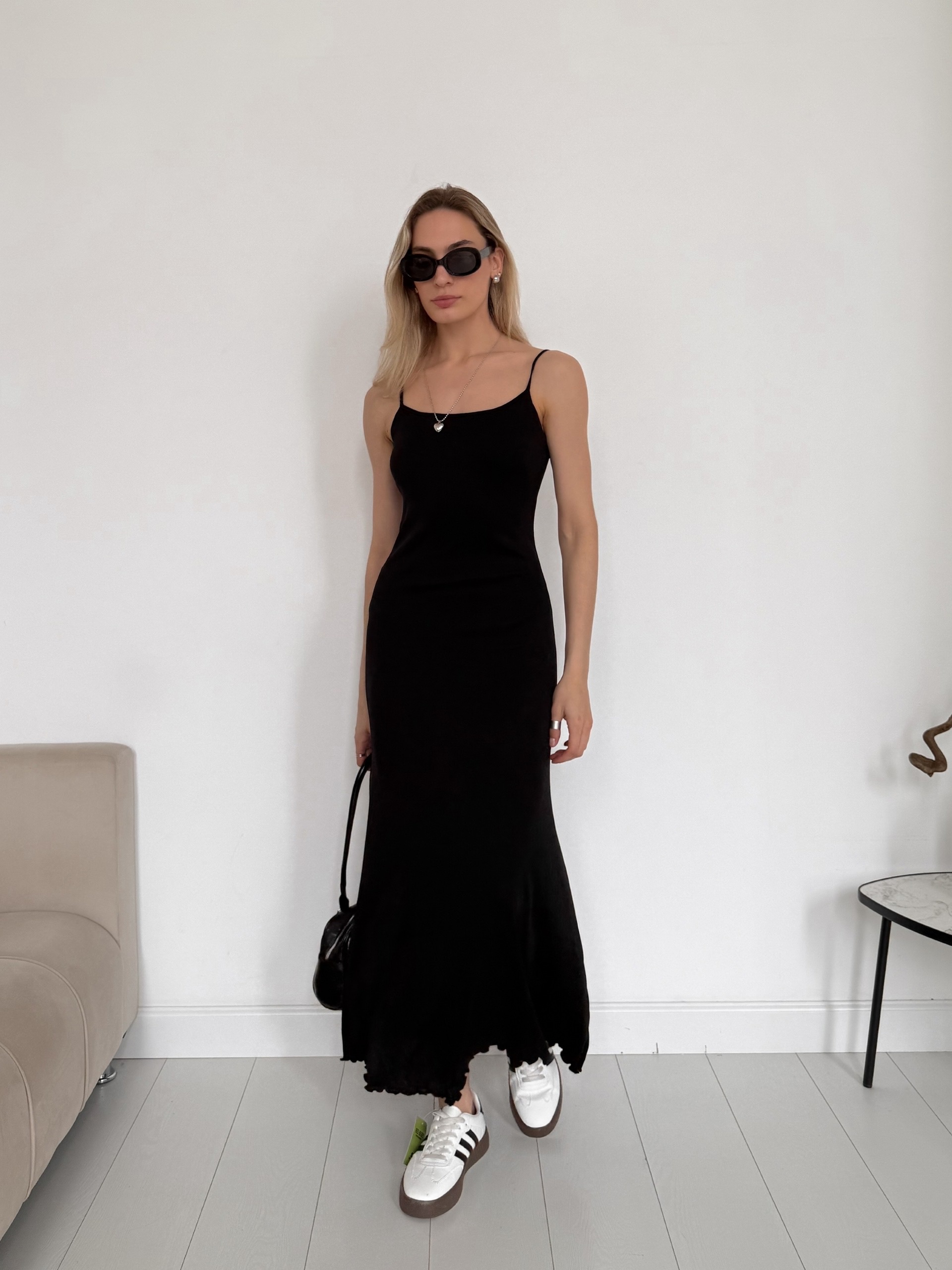 Платье SS 183 трикотаж макси на тонких лямках волнистый край