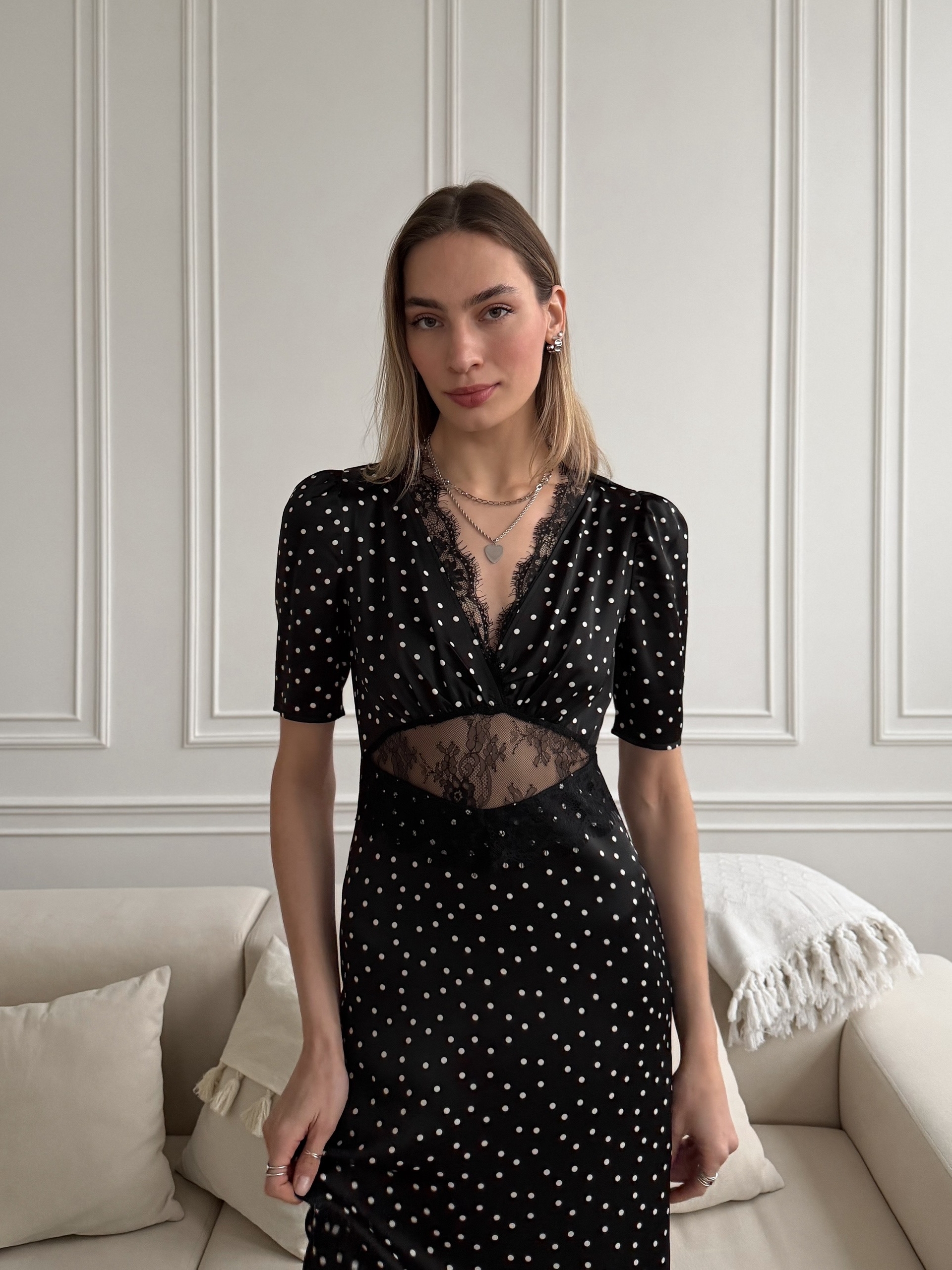 Платье Arai Mod длинное в горошек+кружева на талии