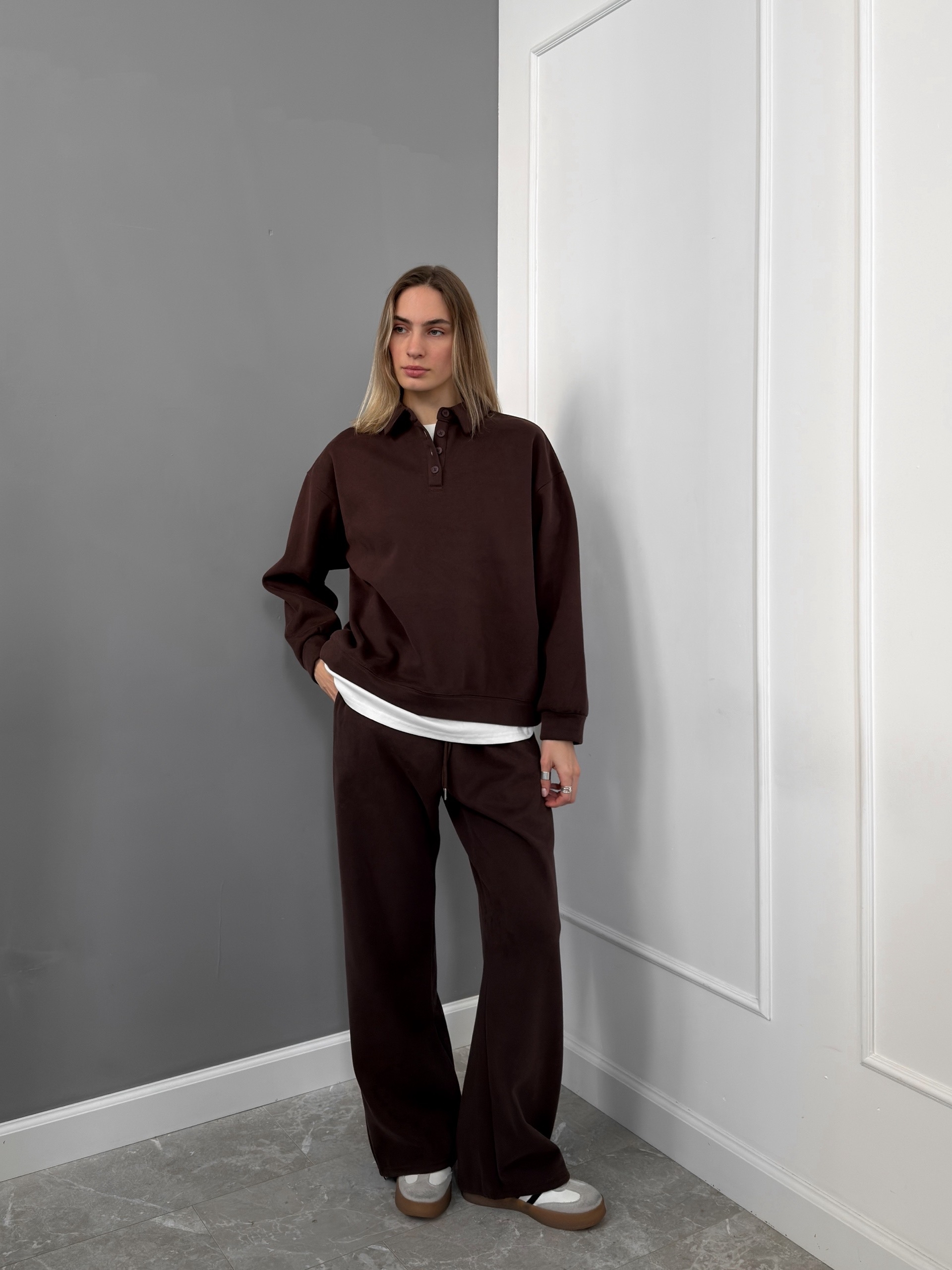 Костюм W7015 свитшот поло на пуговках+брюки флис