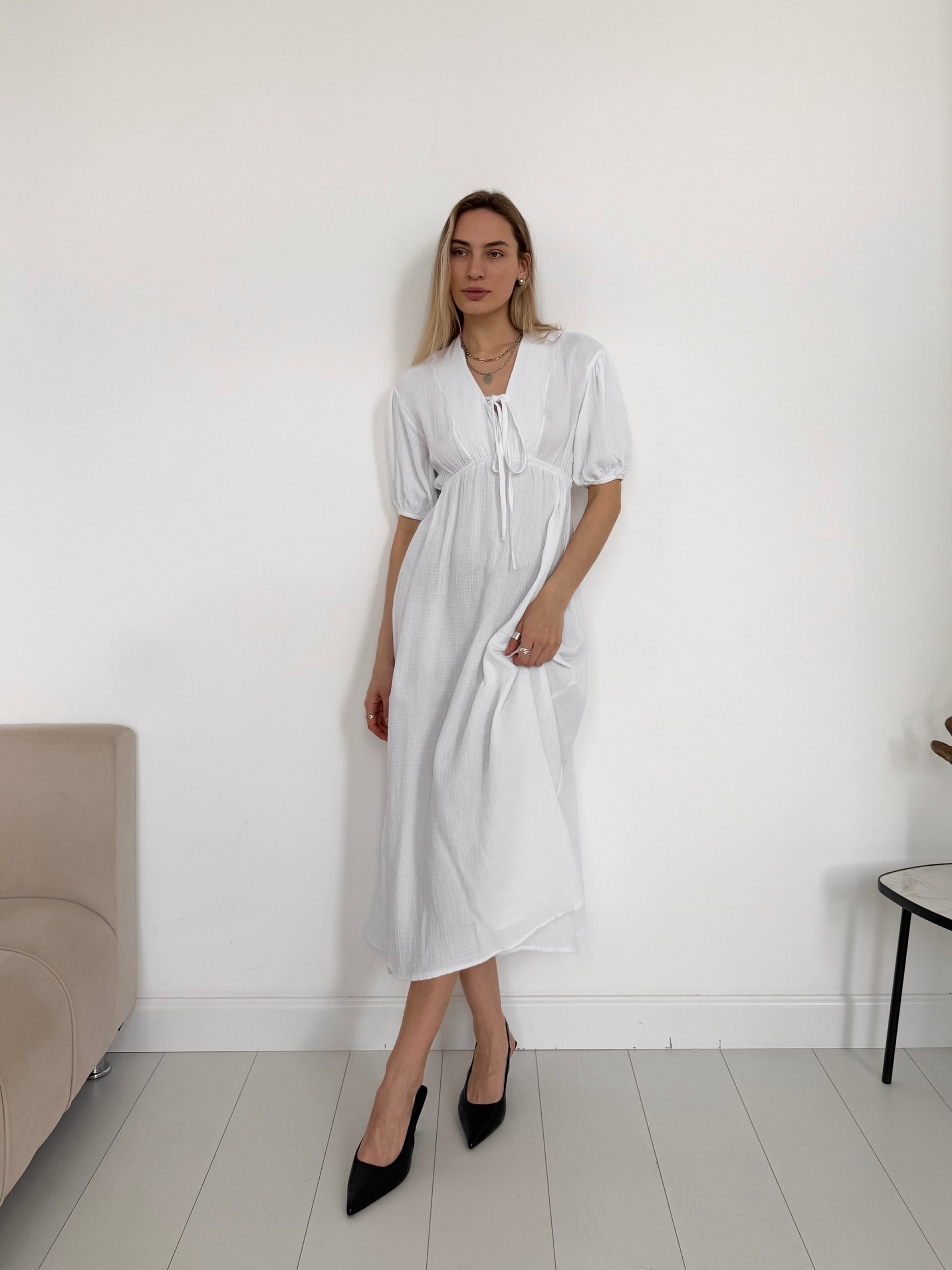 Платье муслин One collection V-вырез миди завязки на груди