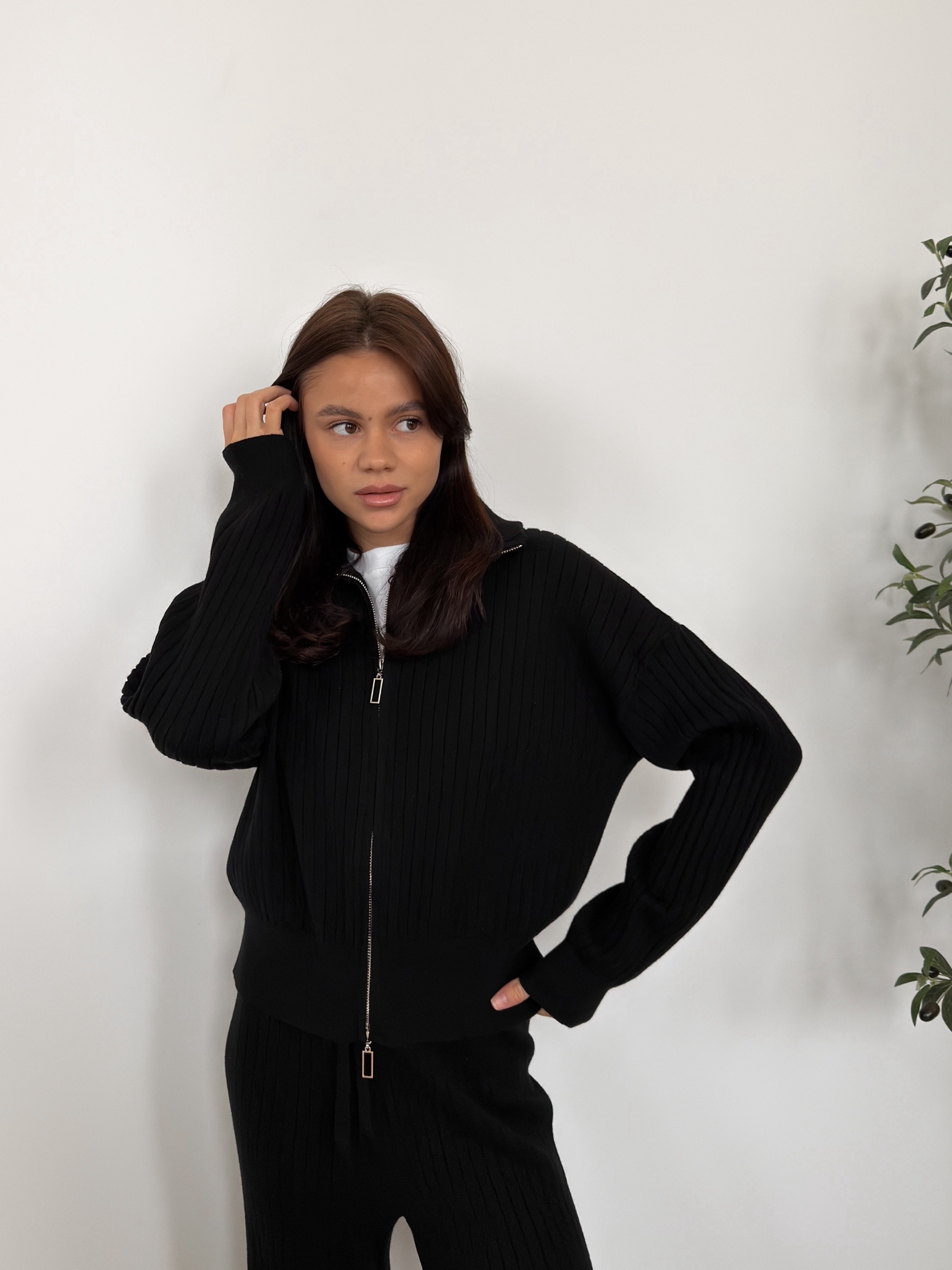 Костюм 376 джемпер на молнии+брюкт в рубчик