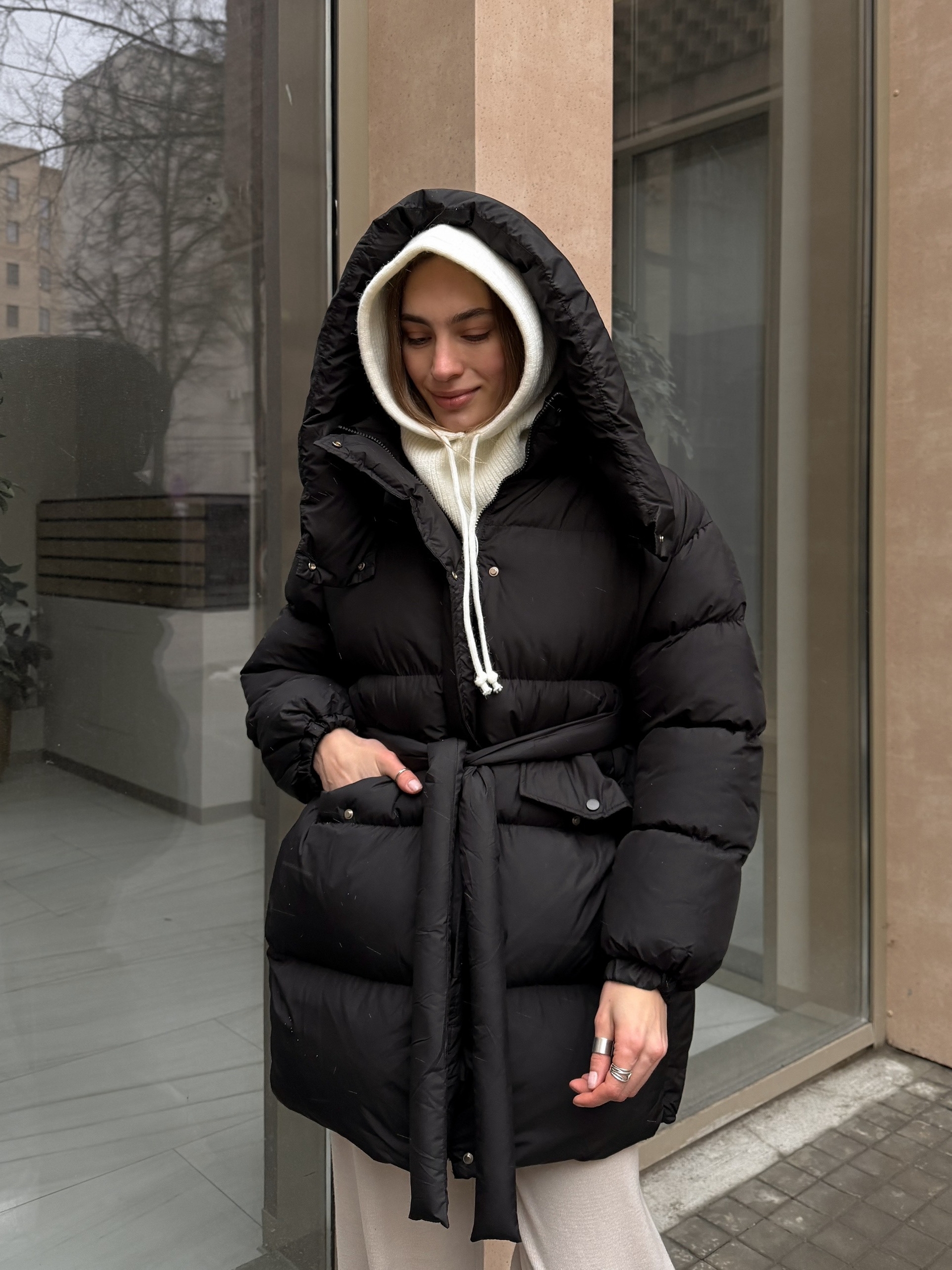 Куртка H 8159 средняя длина с поясом