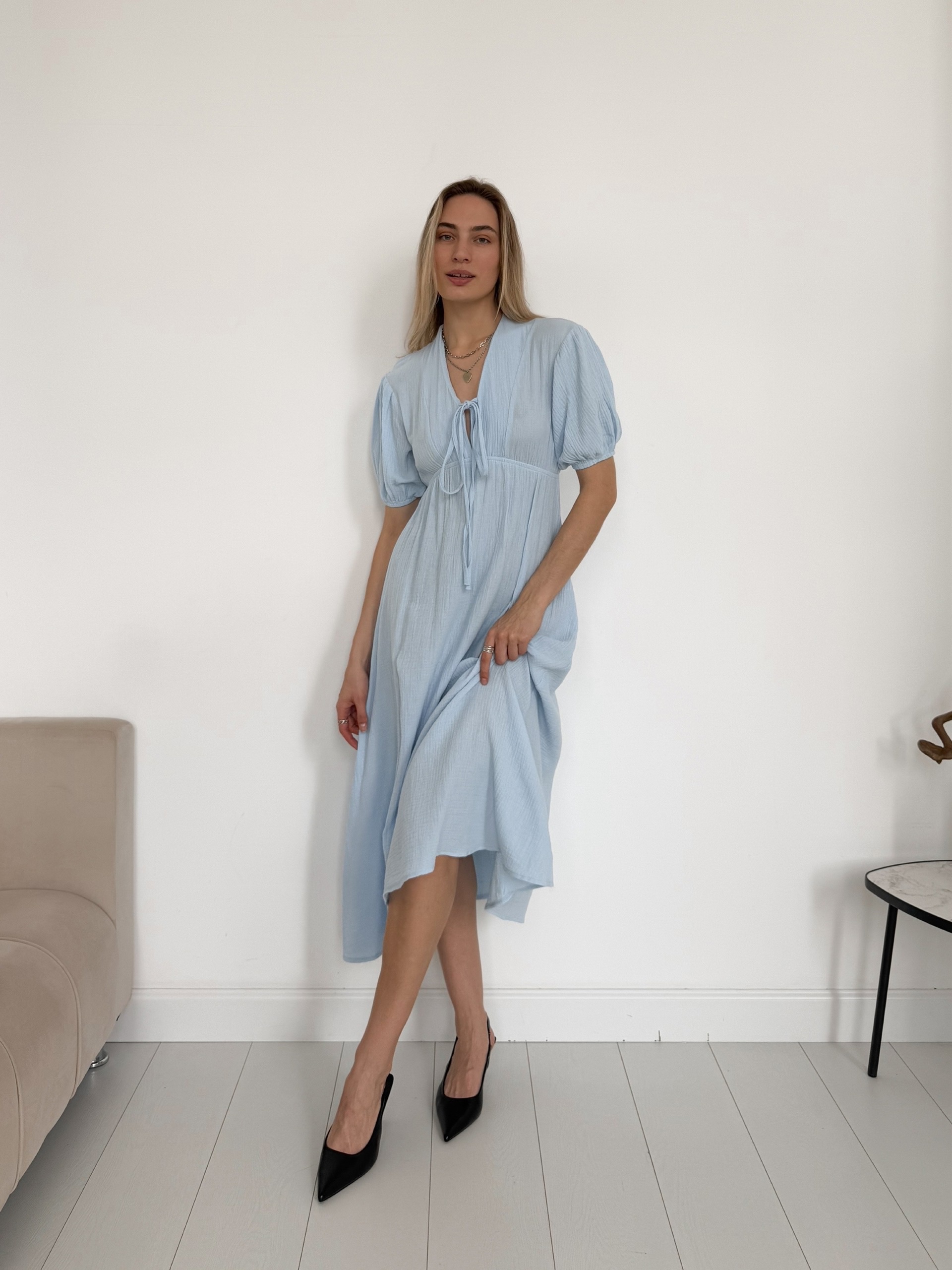 Платье муслин One collection V-вырез миди завязки на груди