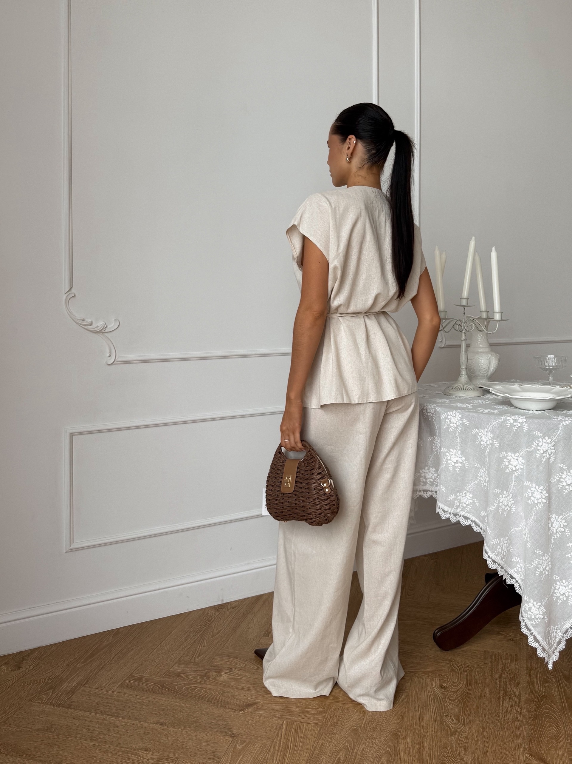 Костюм One collection жилет на поясе+брюки лен