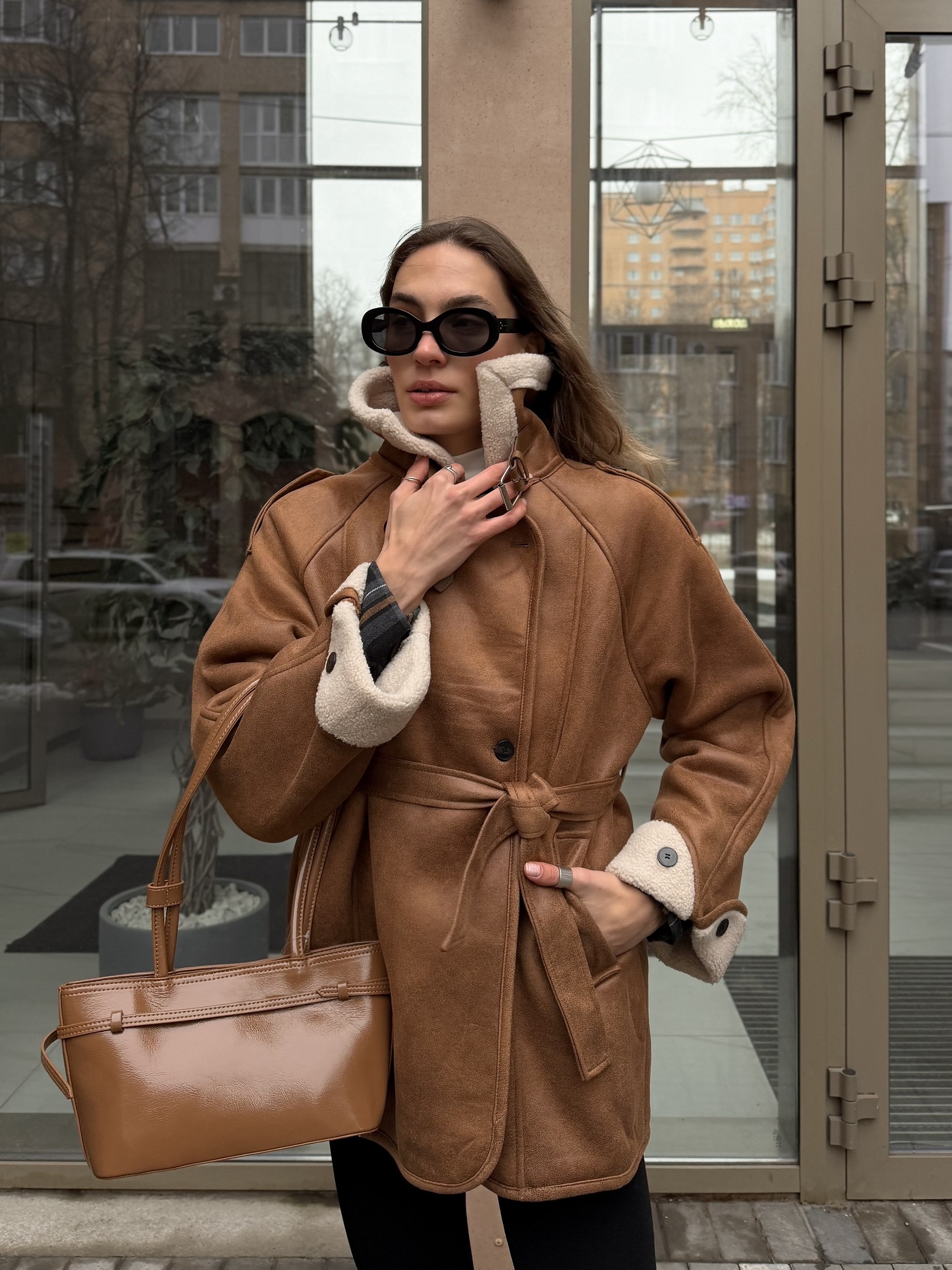 Дубленка W 8878 средняя длина+ пояс