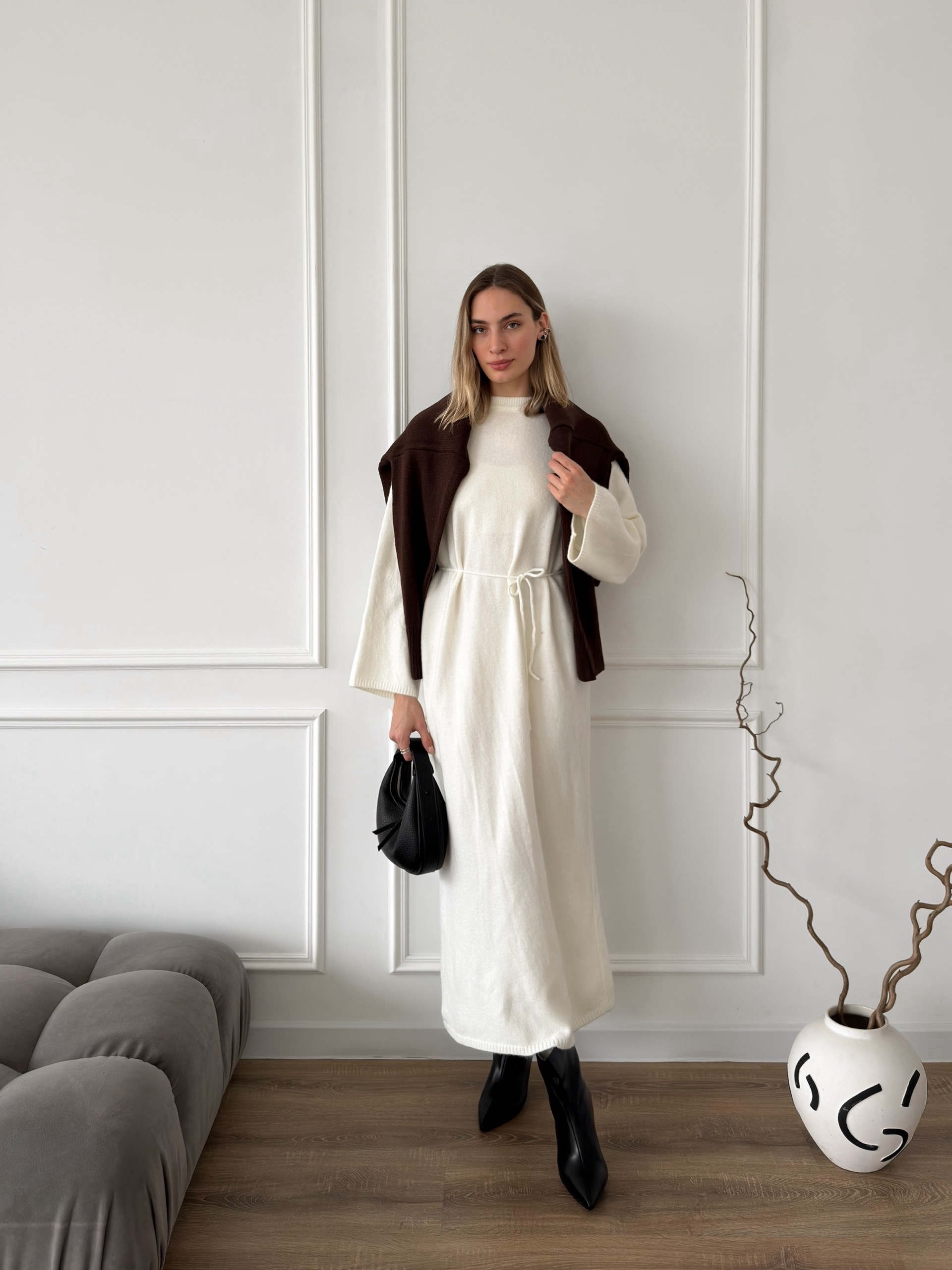 Платье макси трикотаж пояс-веревочка