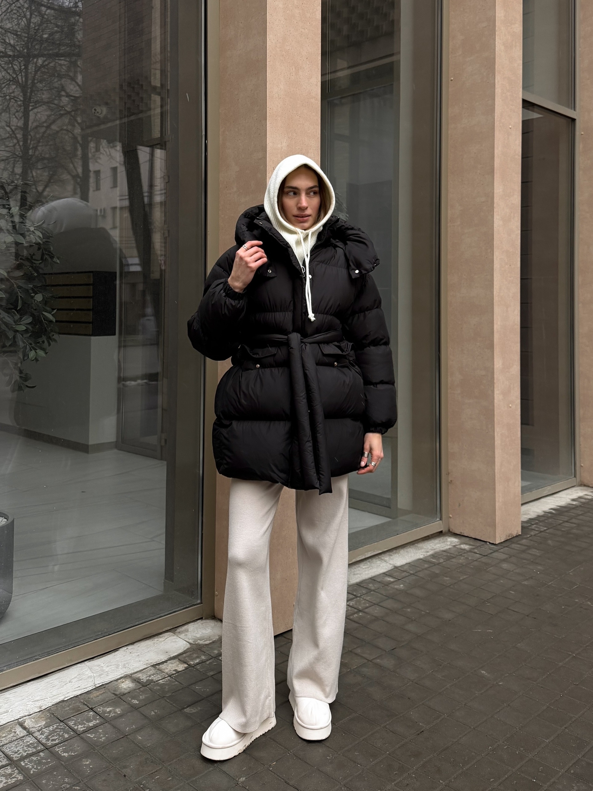 Куртка H 8159 средняя длина с поясом