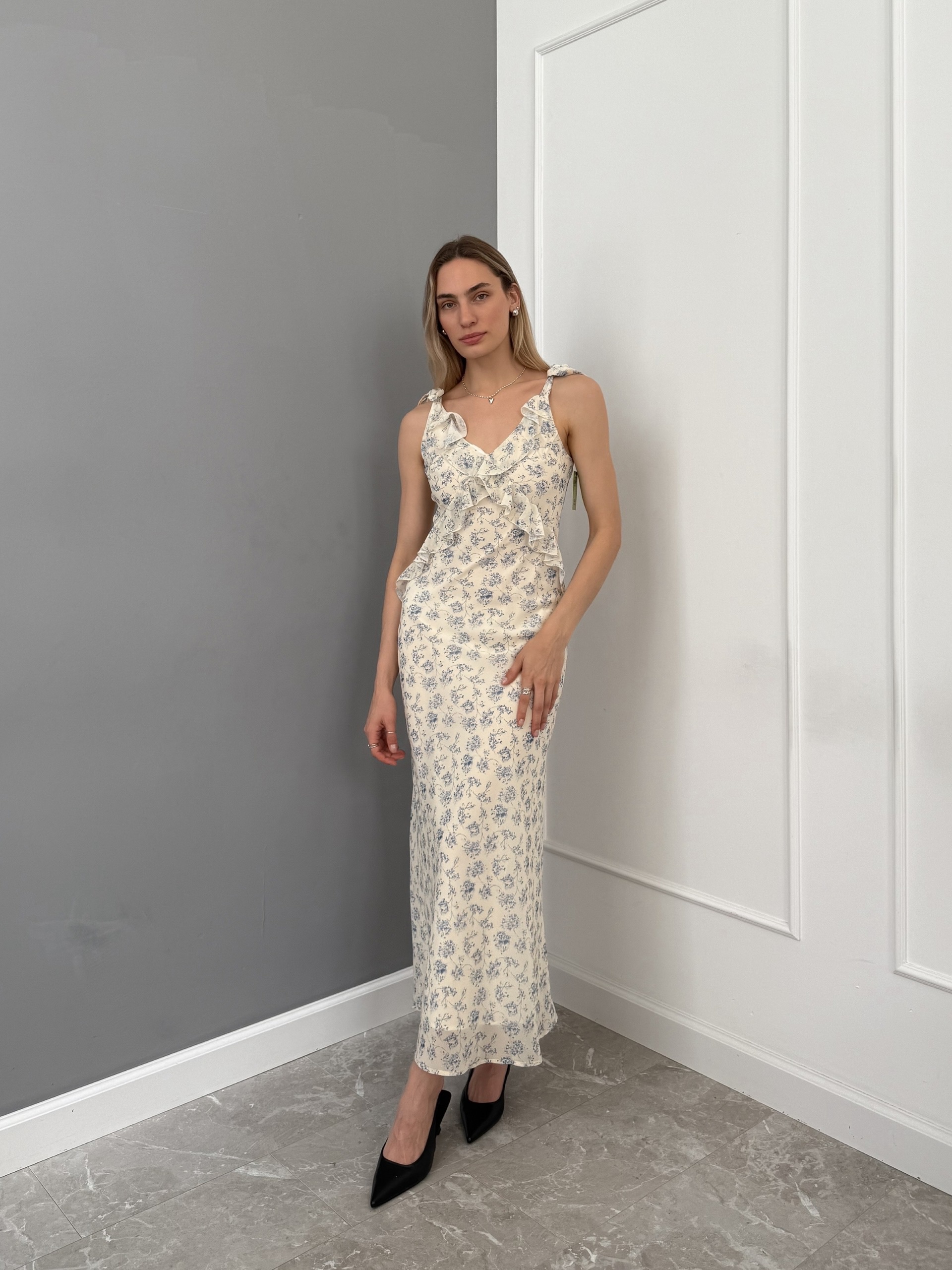 Платье Fashion декор рюши принт цветы макси