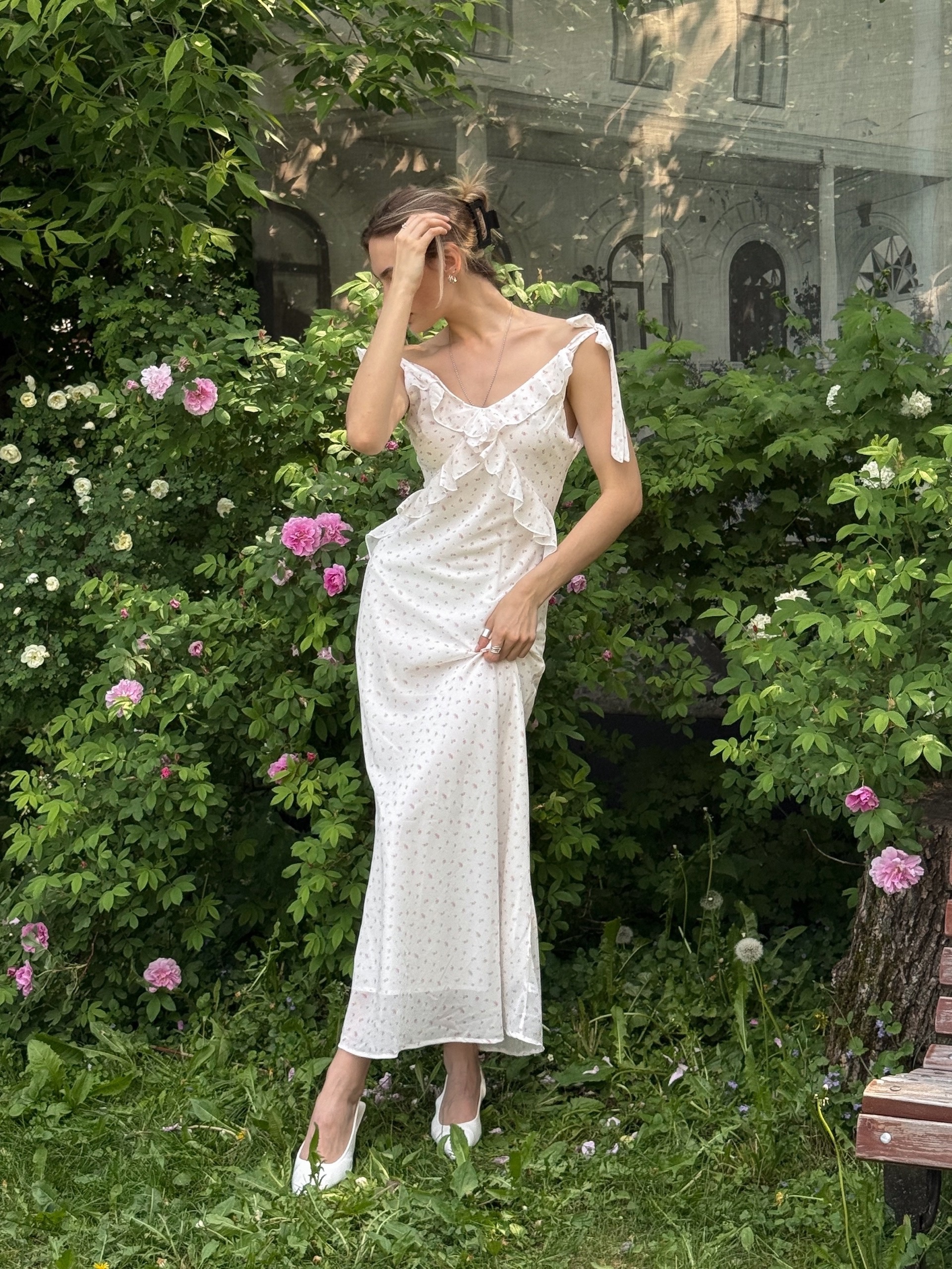 Платье Fashion декор рюши принт цветы макси