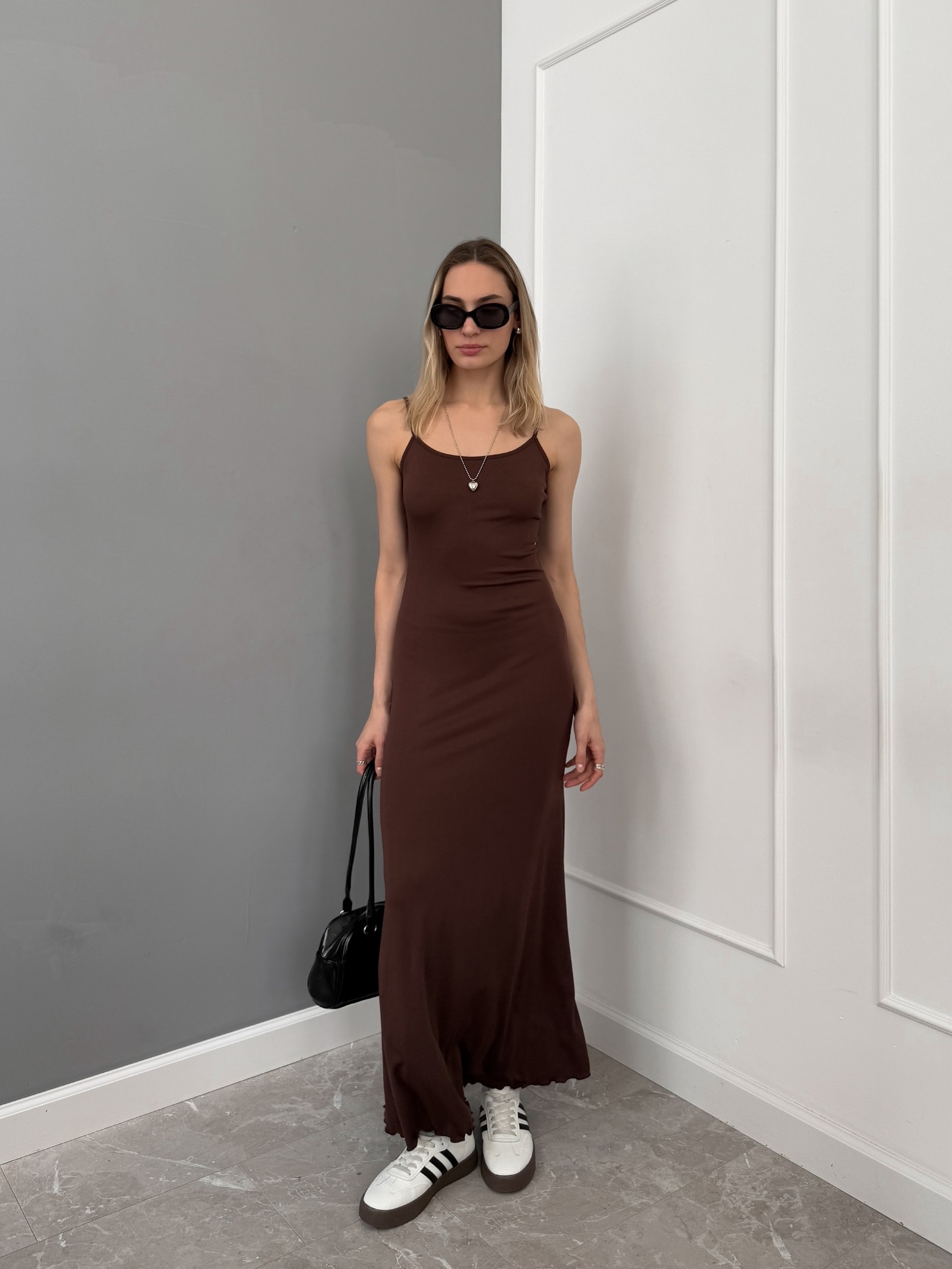 Платье SS 183 трикотаж макси на тонких лямках волнистый край