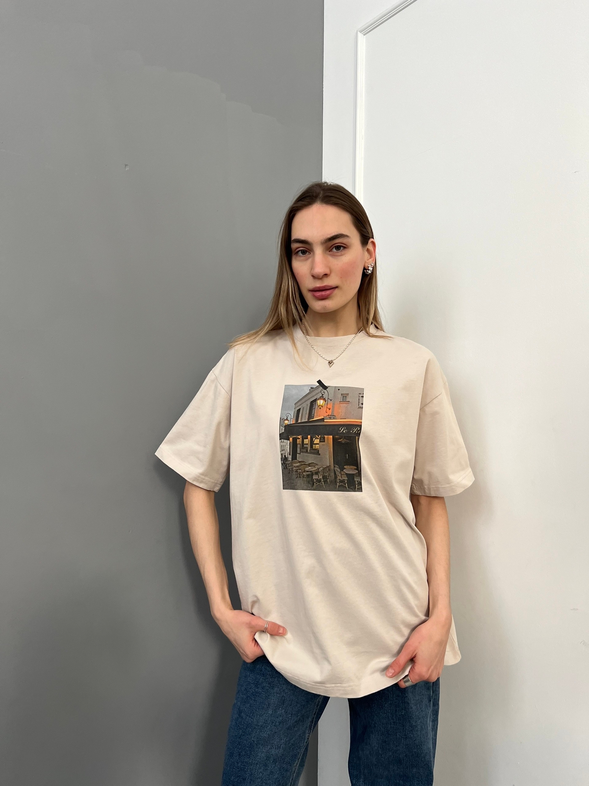 Футболка NJ 1202 принт кафе оверсайз