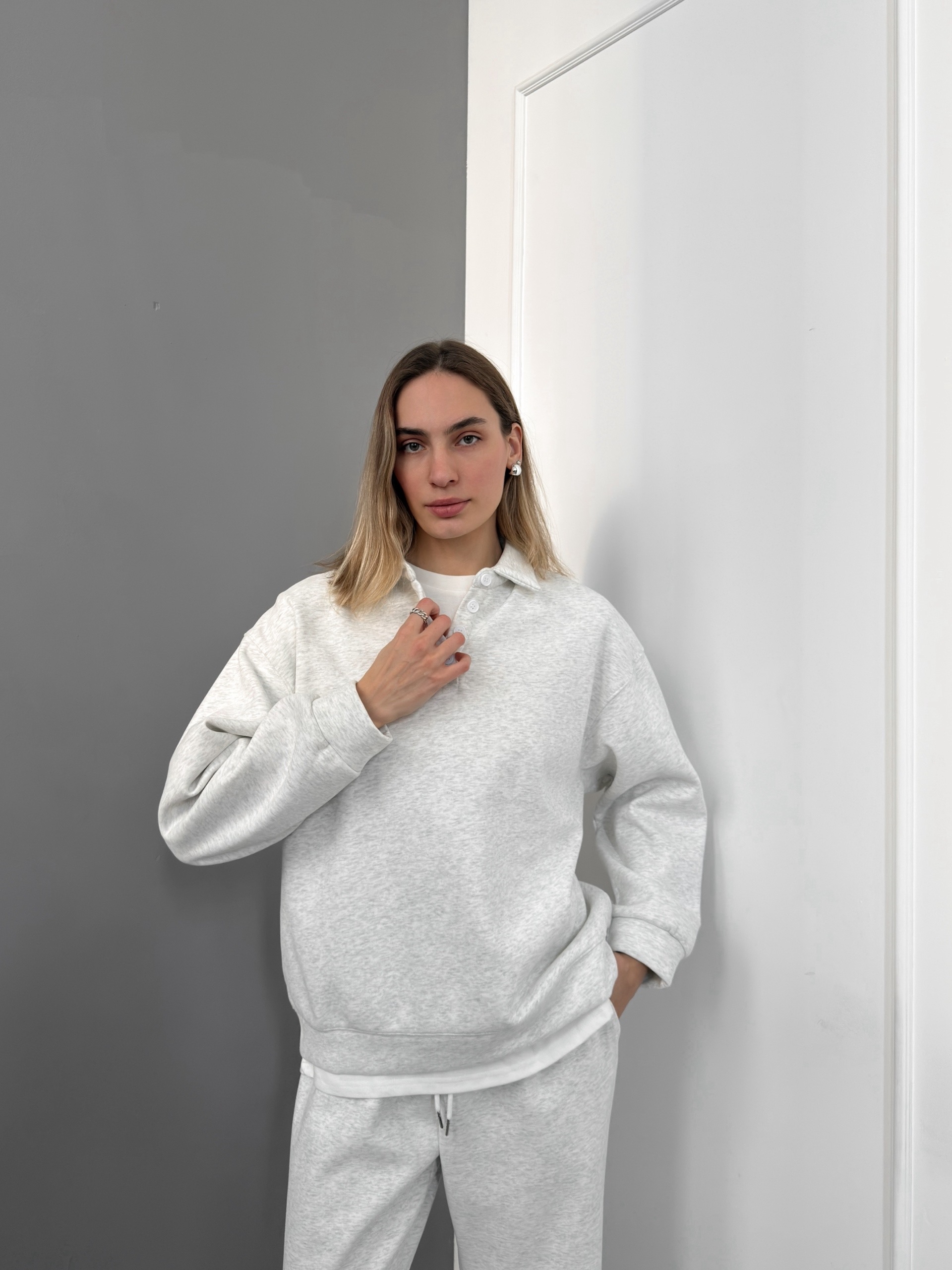 Костюм W7015 свитшот поло на пуговках+брюки флис