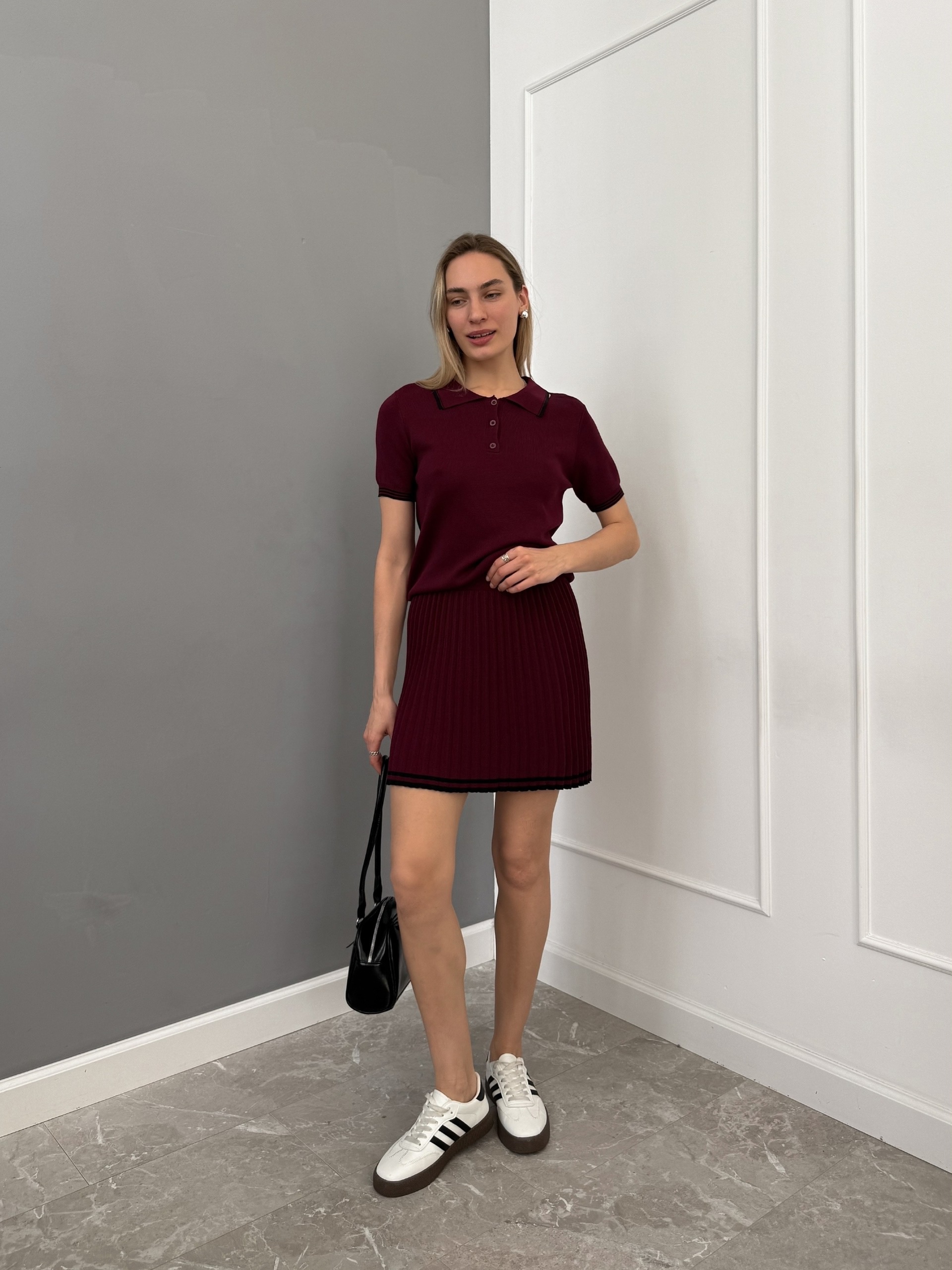 Костюм 9757 трикотаж футболка поло+плиссе плиссе мини
