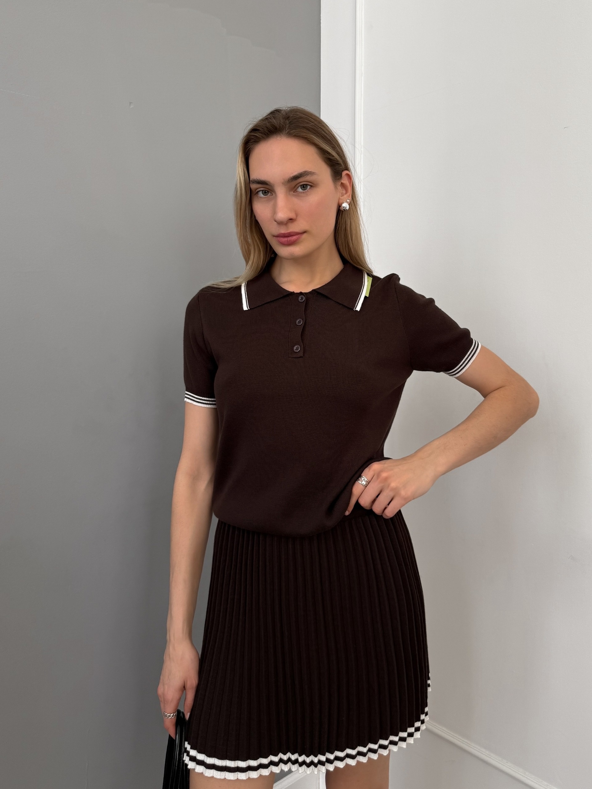 Костюм 9757 трикотаж футболка поло+плиссе плиссе мини