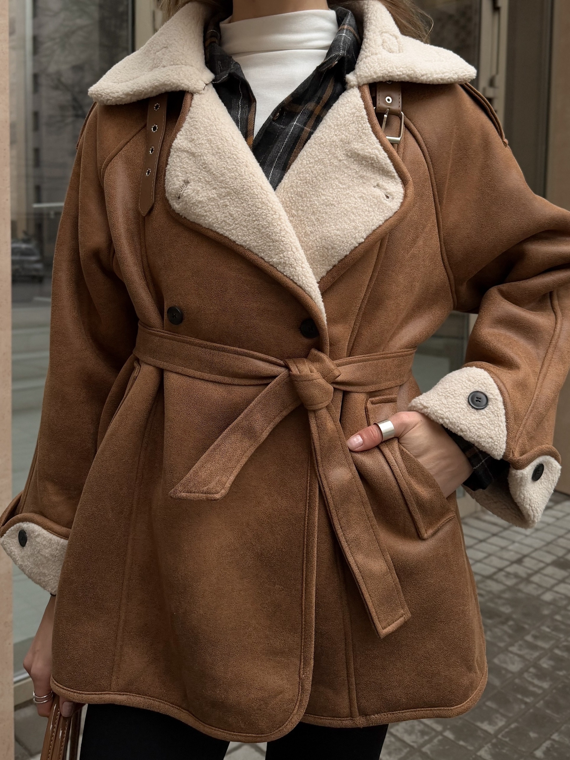 Дубленка W 8878 средняя длина+ пояс