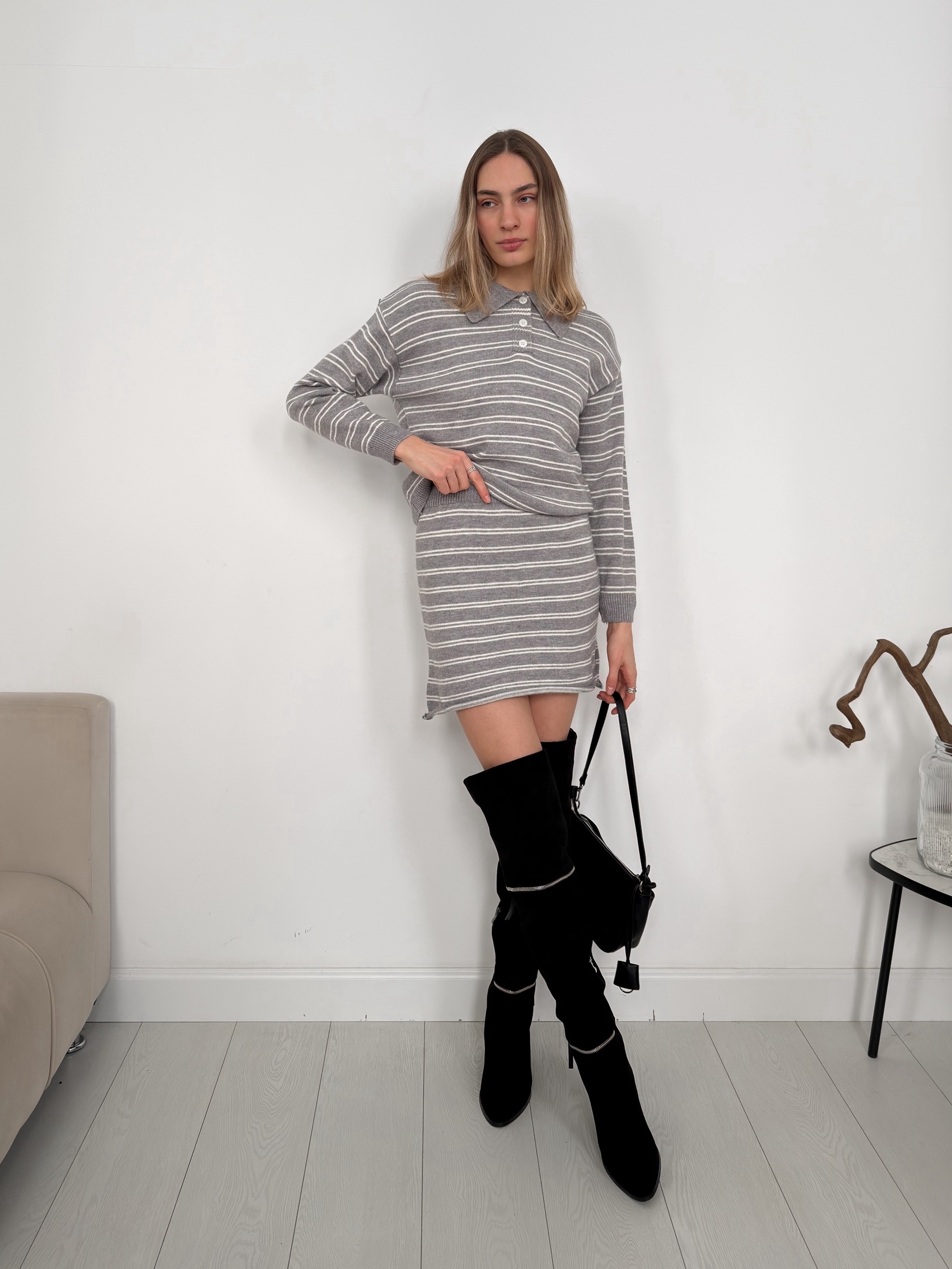 Костюм 8269 джемпер поло+юбка мини в полоску