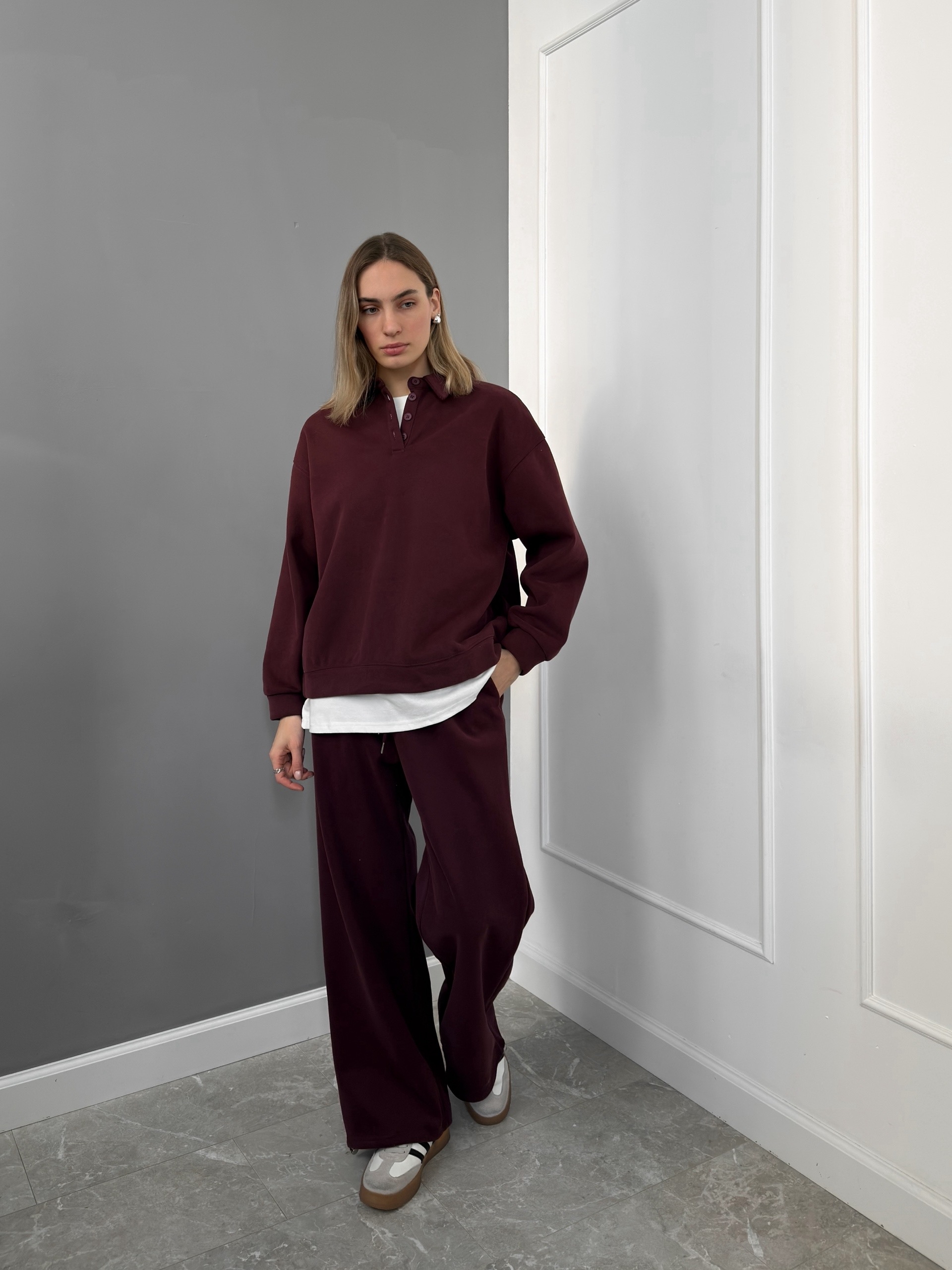 Костюм W7015 свитшот поло на пуговках+брюки флис