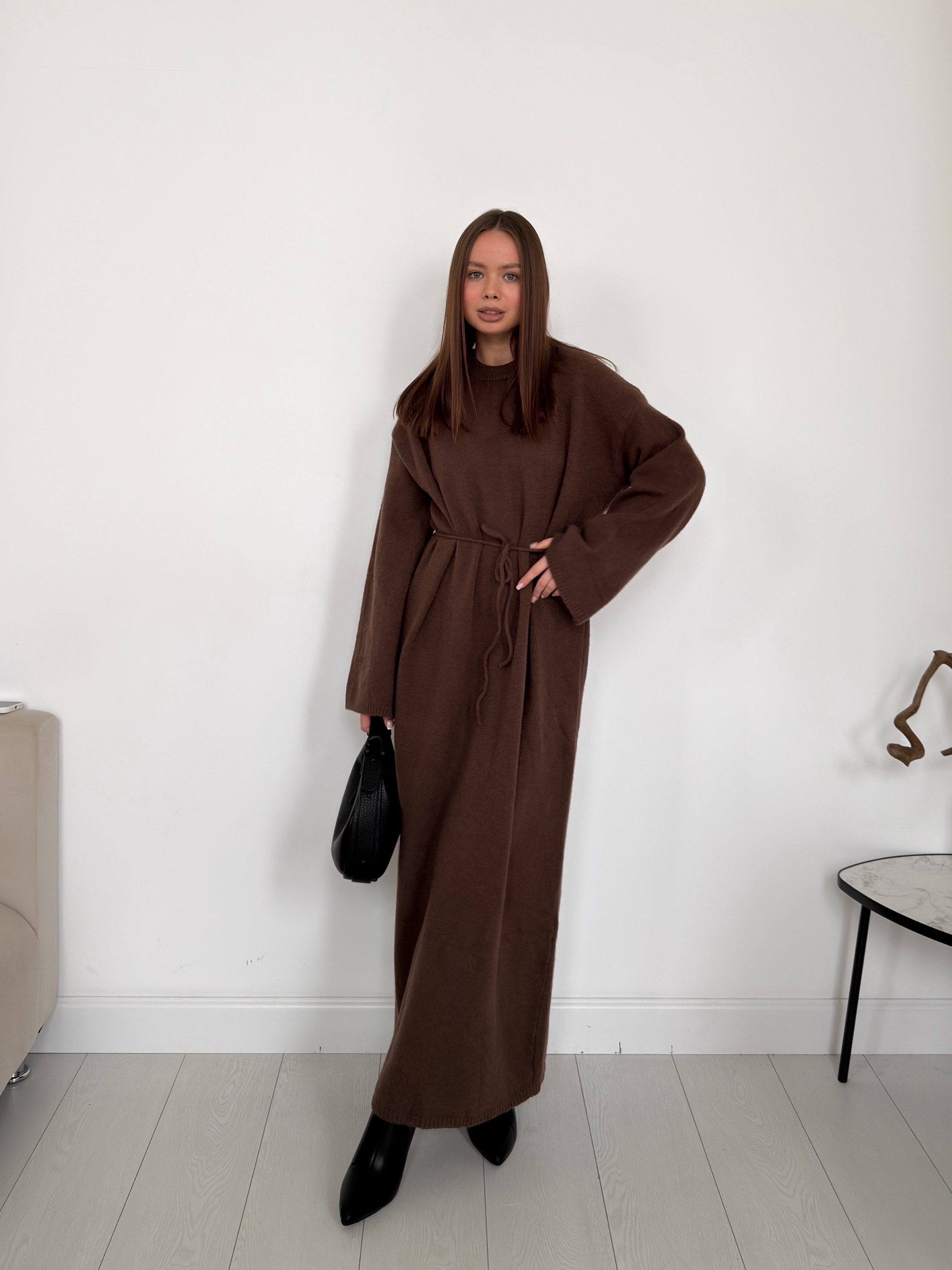 Платье макси трикотаж пояс-веревочка