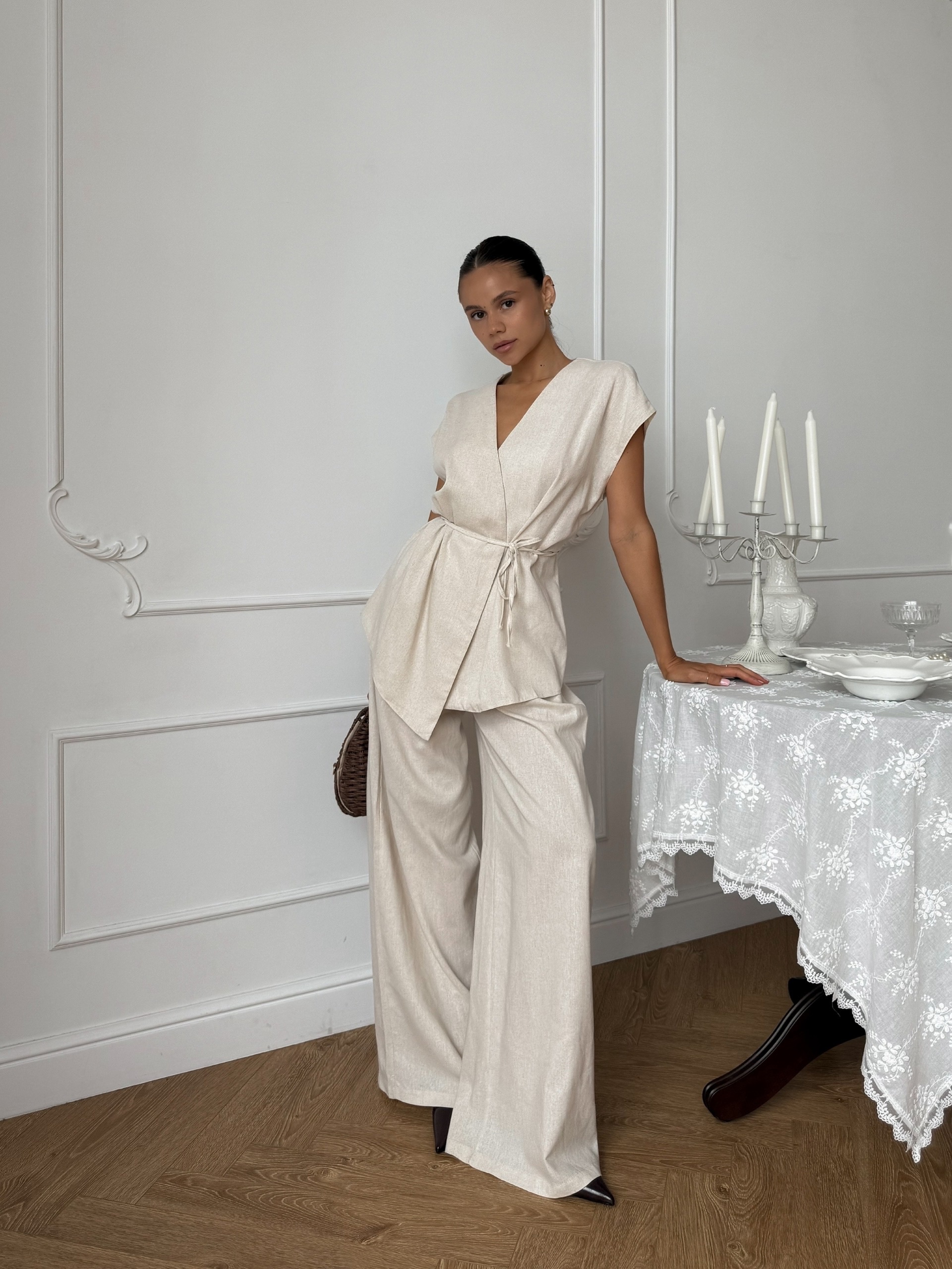 Костюм One collection жилет на поясе+брюки лен