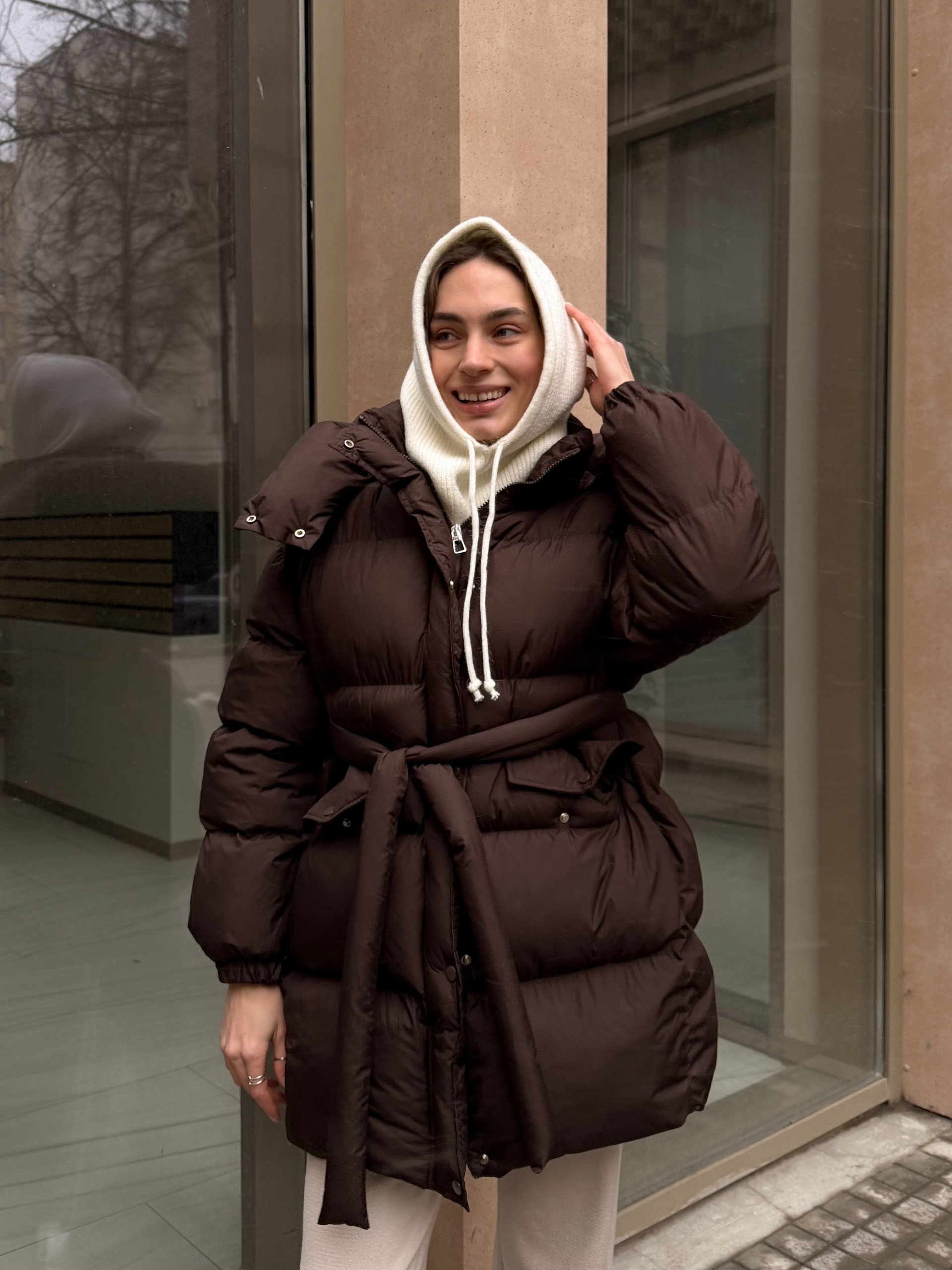 Куртка H 8159 средняя длина с поясом