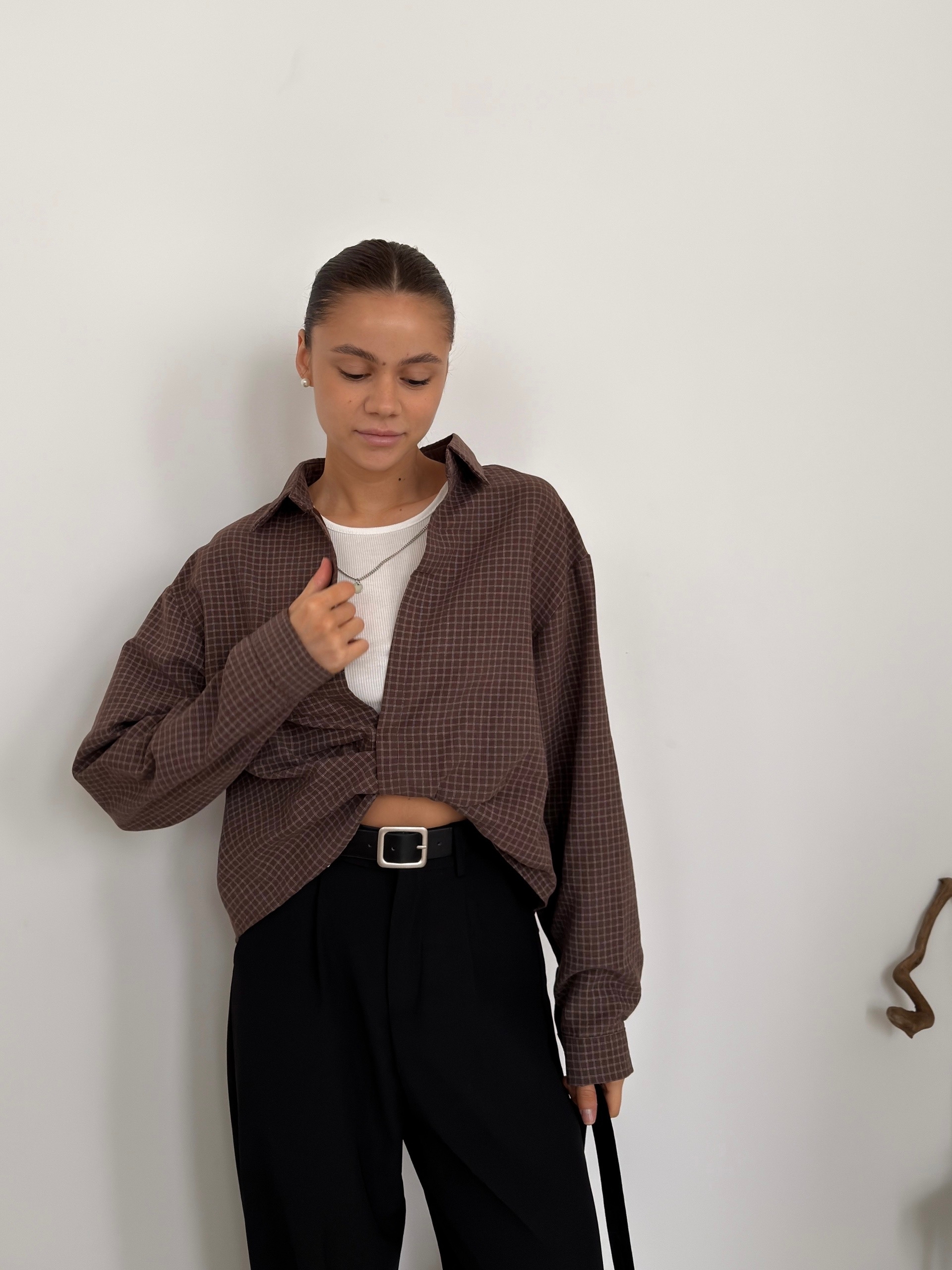 Рубашка Fashion 8985 в клетку+майка+цепочка