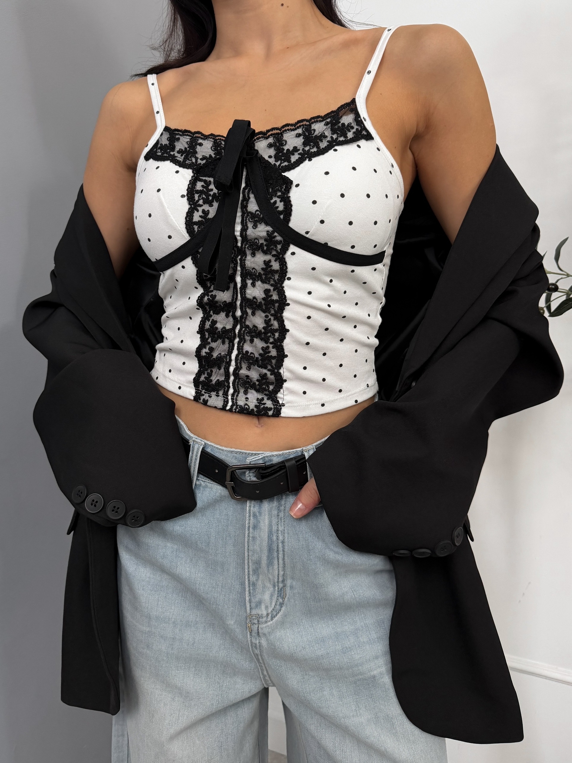 Майка с кружевом в горох