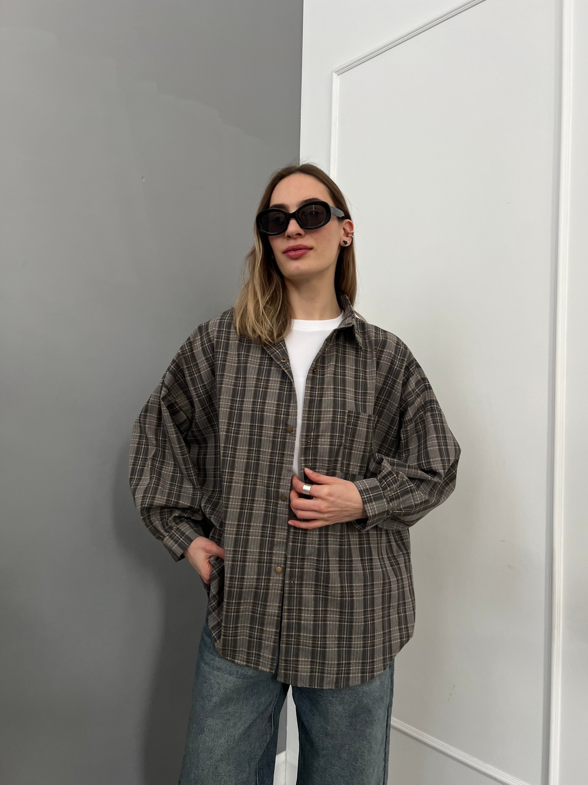 Рубашка LanLan 9227 клетка кармашек на груди