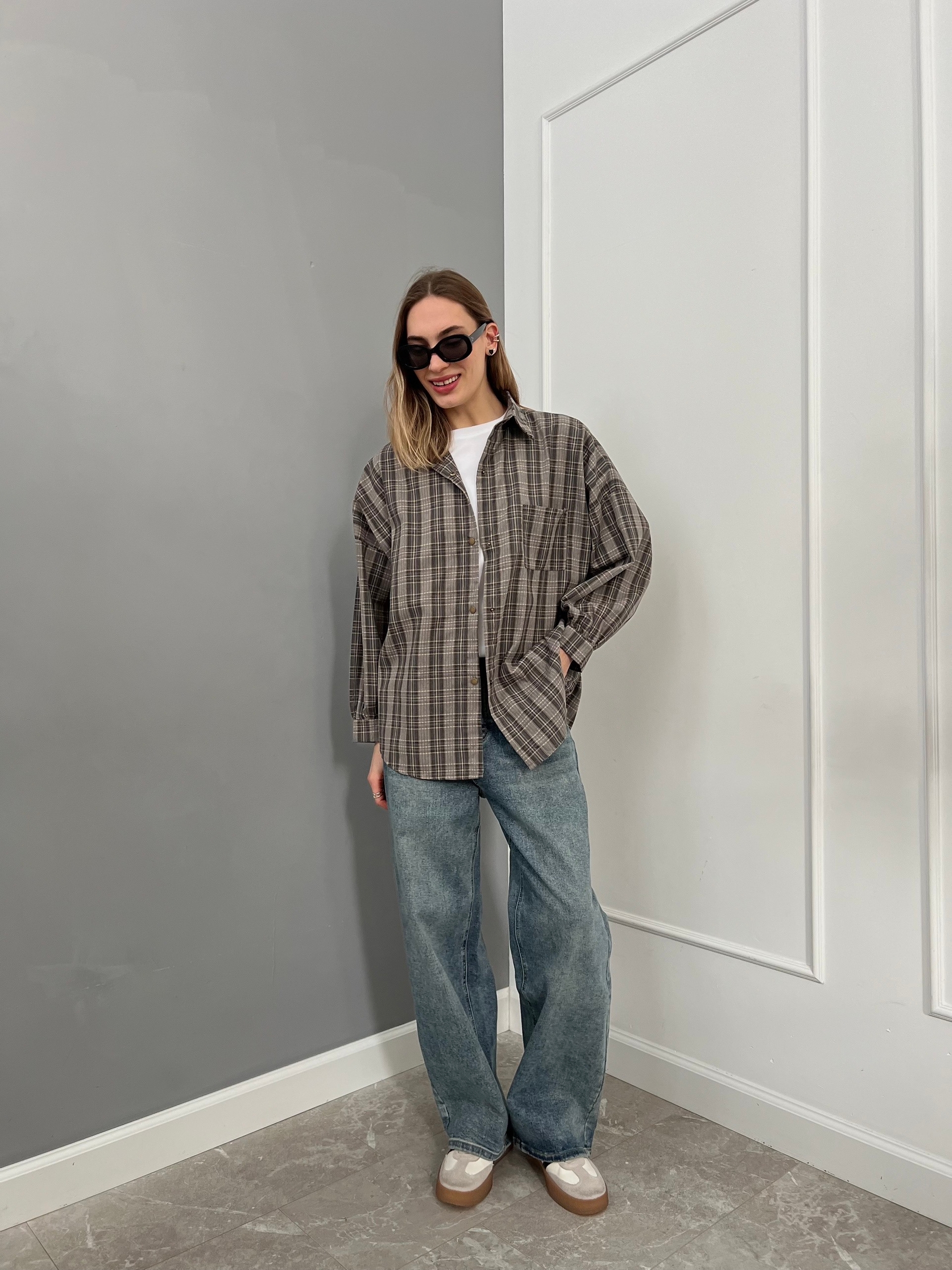 Рубашка LanLan 9227 клетка кармашек на груди