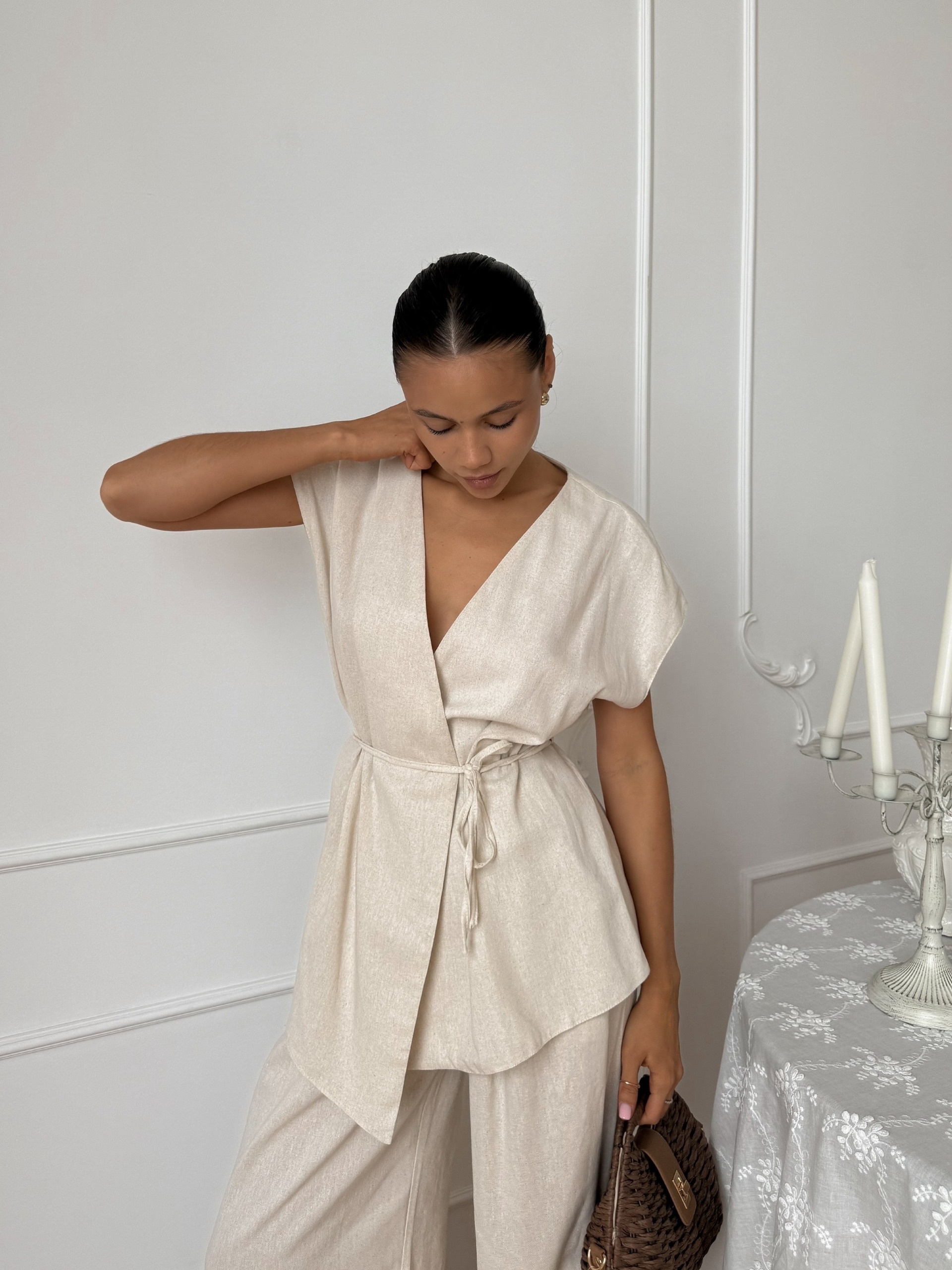 Костюм One collection жилет на поясе+брюки лен