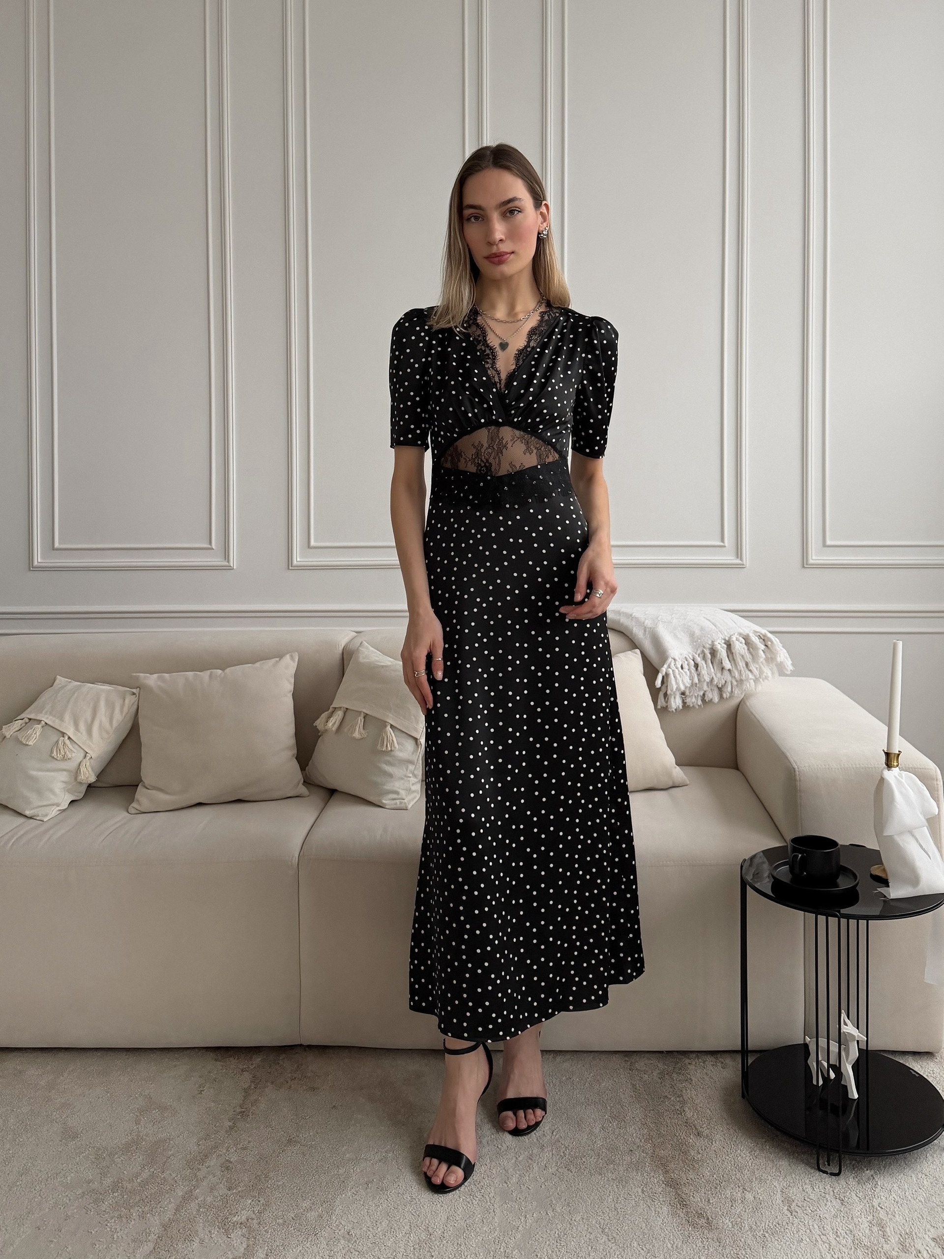 Платье Arai Mod длинное в горошек+кружева на талии