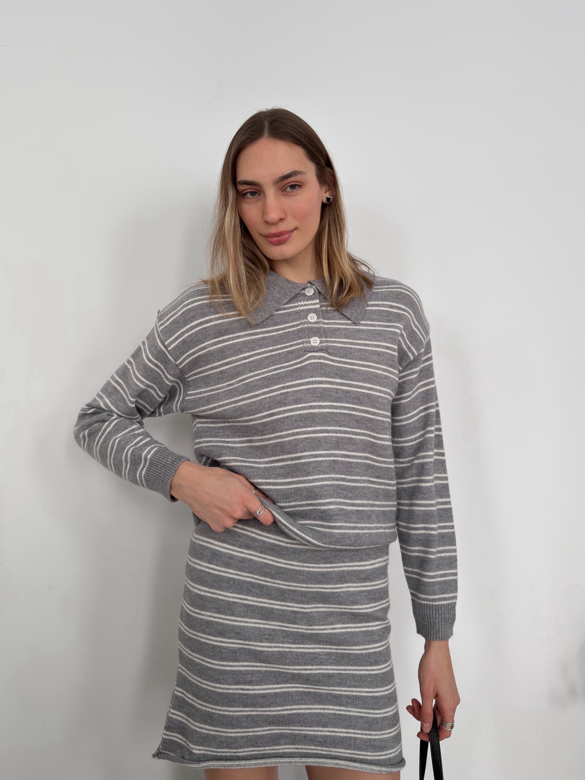 Костюм 8269 джемпер поло+юбка мини в полоску