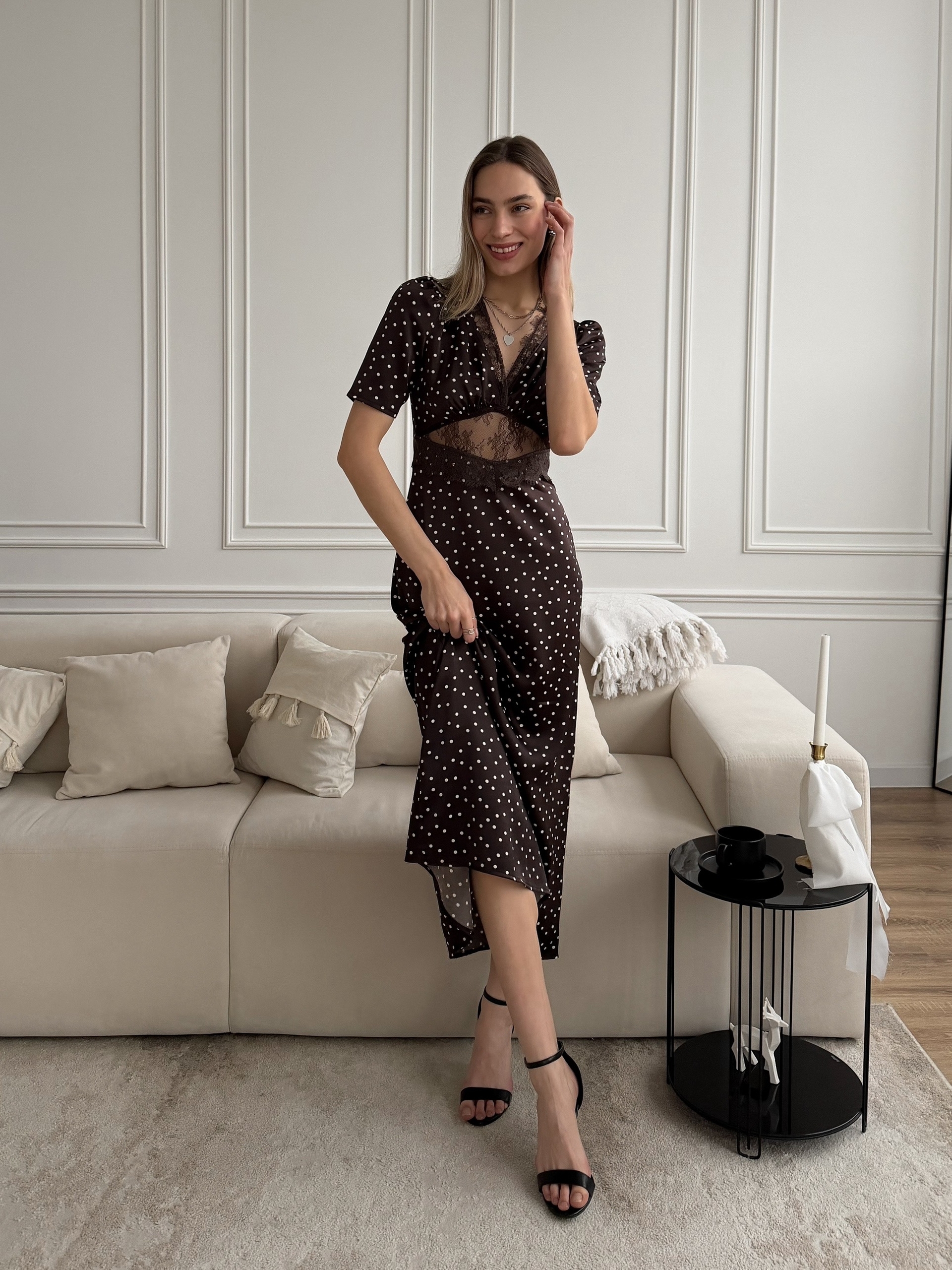 Платье Arai Mod длинное в горошек+кружева на талии