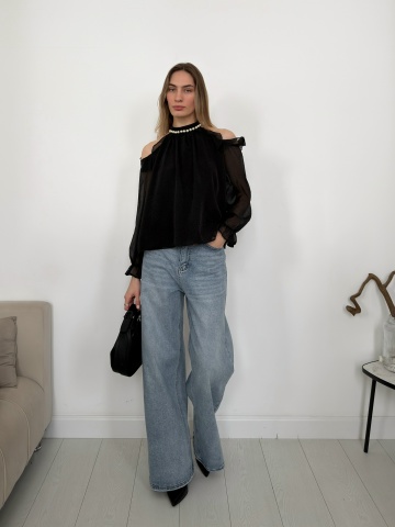 Рубашки, блузки - Блуза шифон жемчужины на вороте