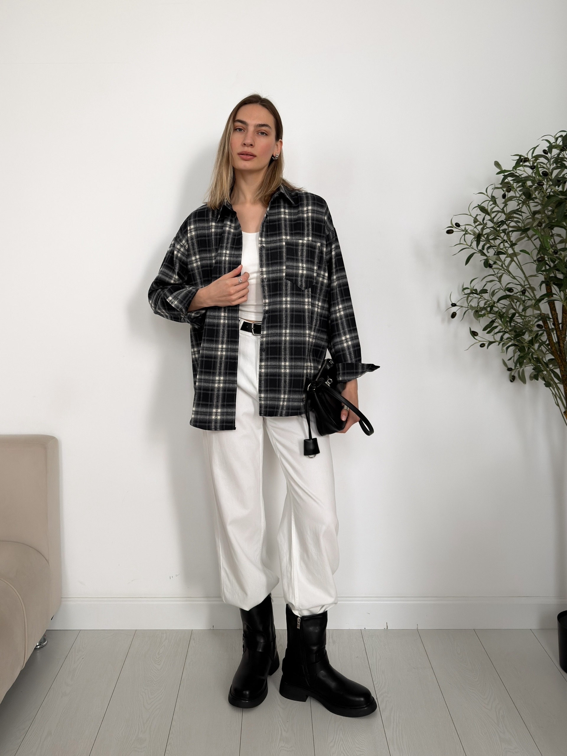 Рубашка W2122 в клетку+узор кармашек на груди