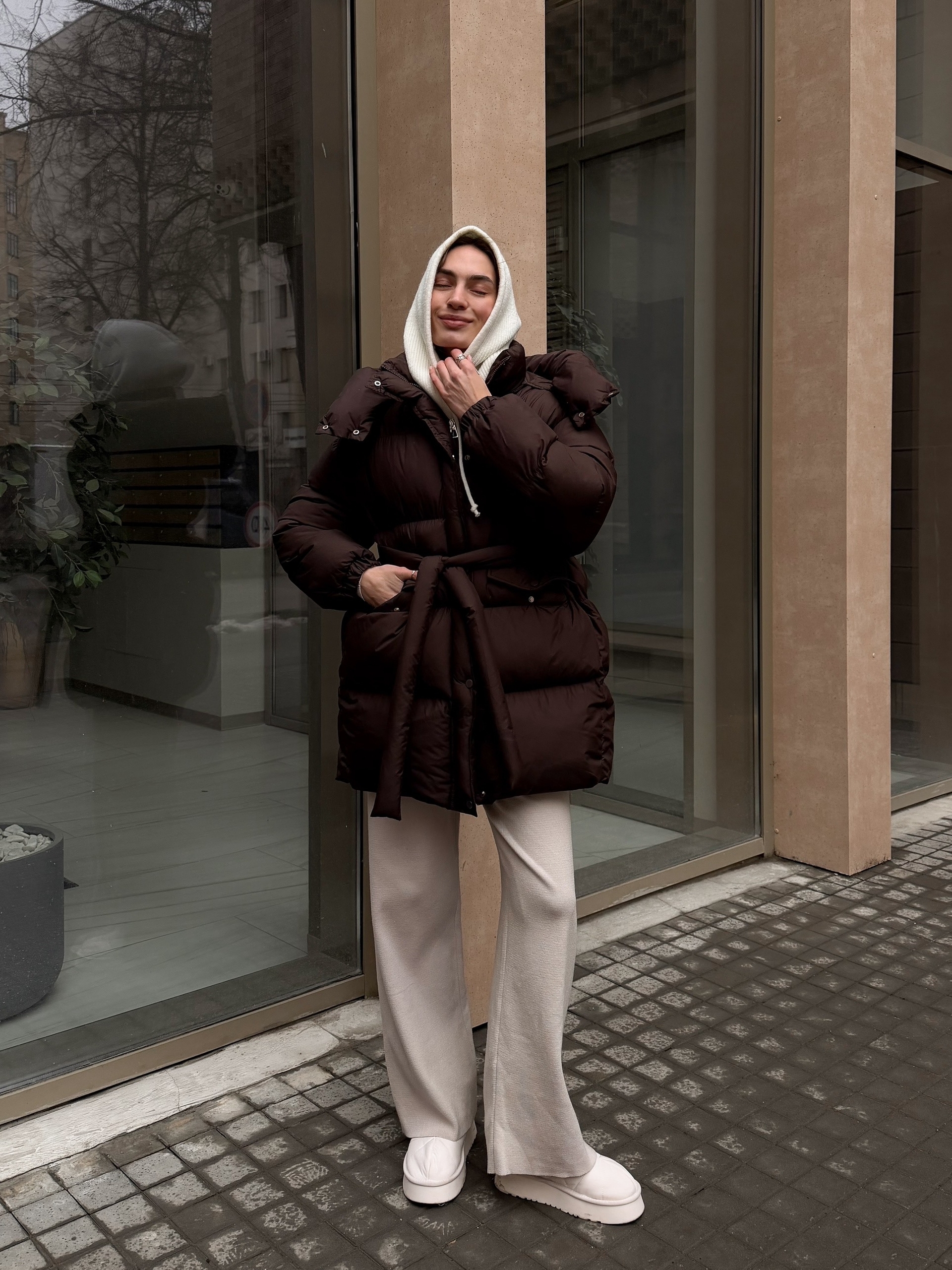 Куртка H 8159 средняя длина с поясом