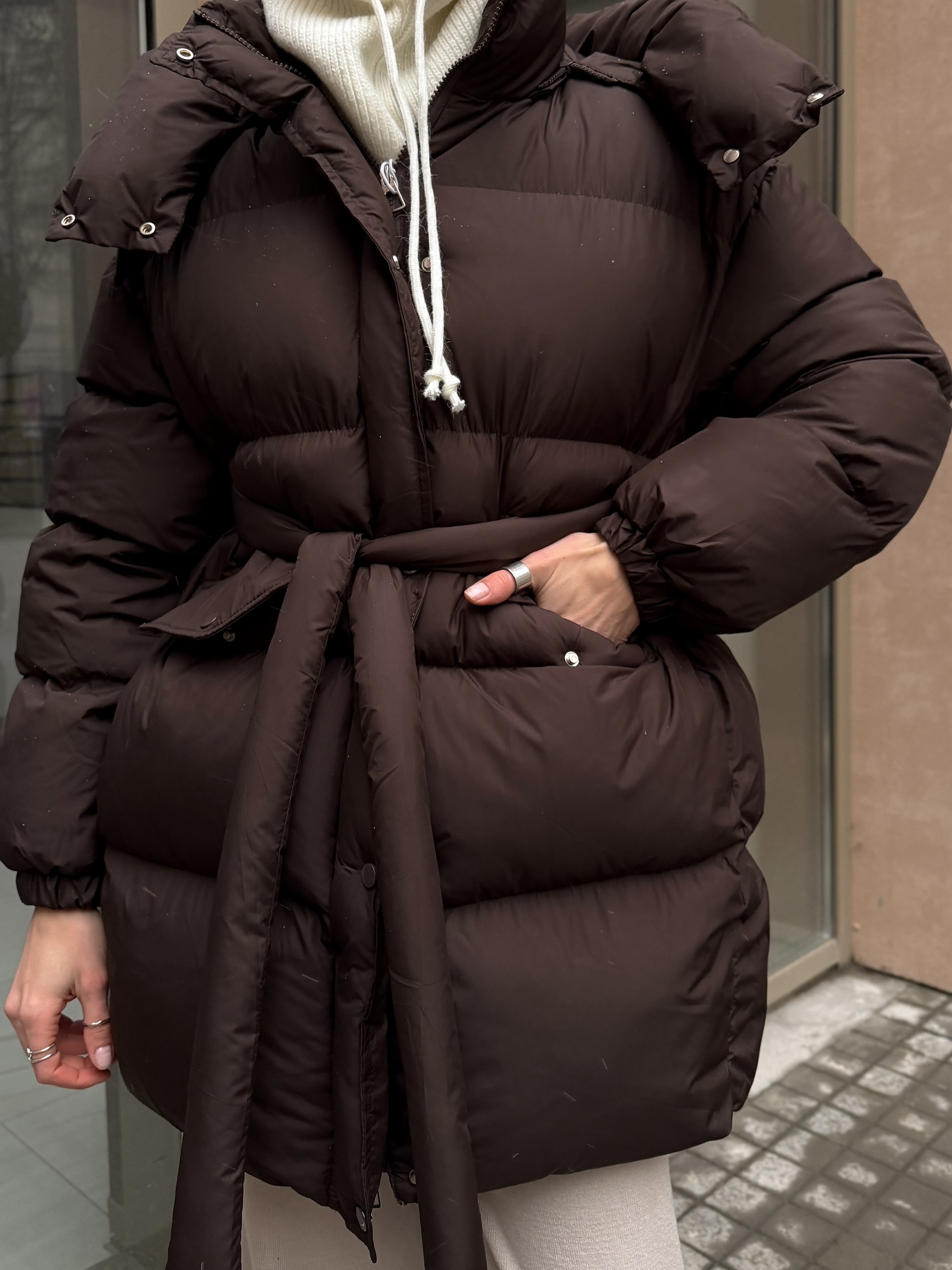 Куртка H 8159 средняя длина с поясом