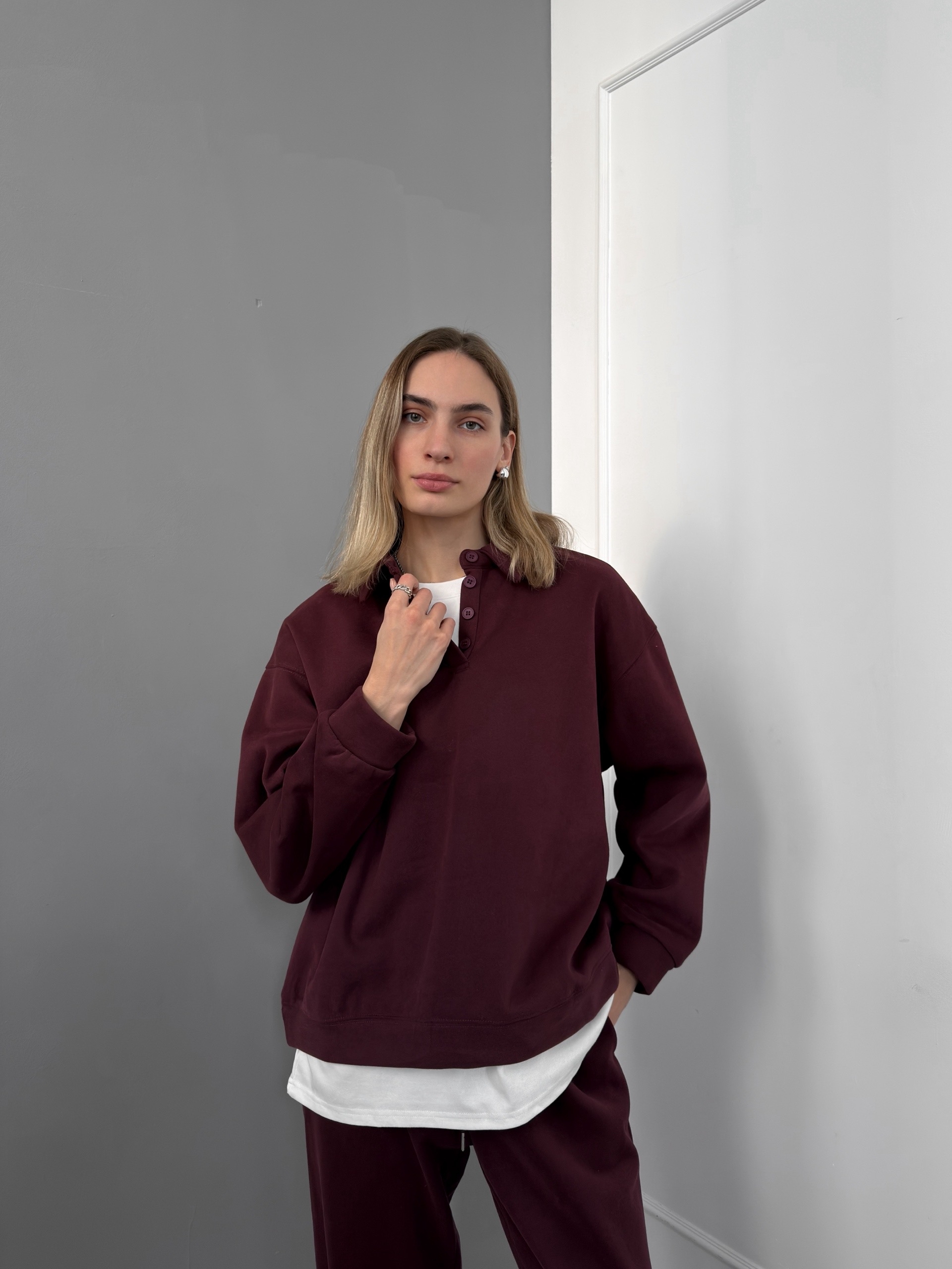 Костюм W7015 свитшот поло на пуговках+брюки флис