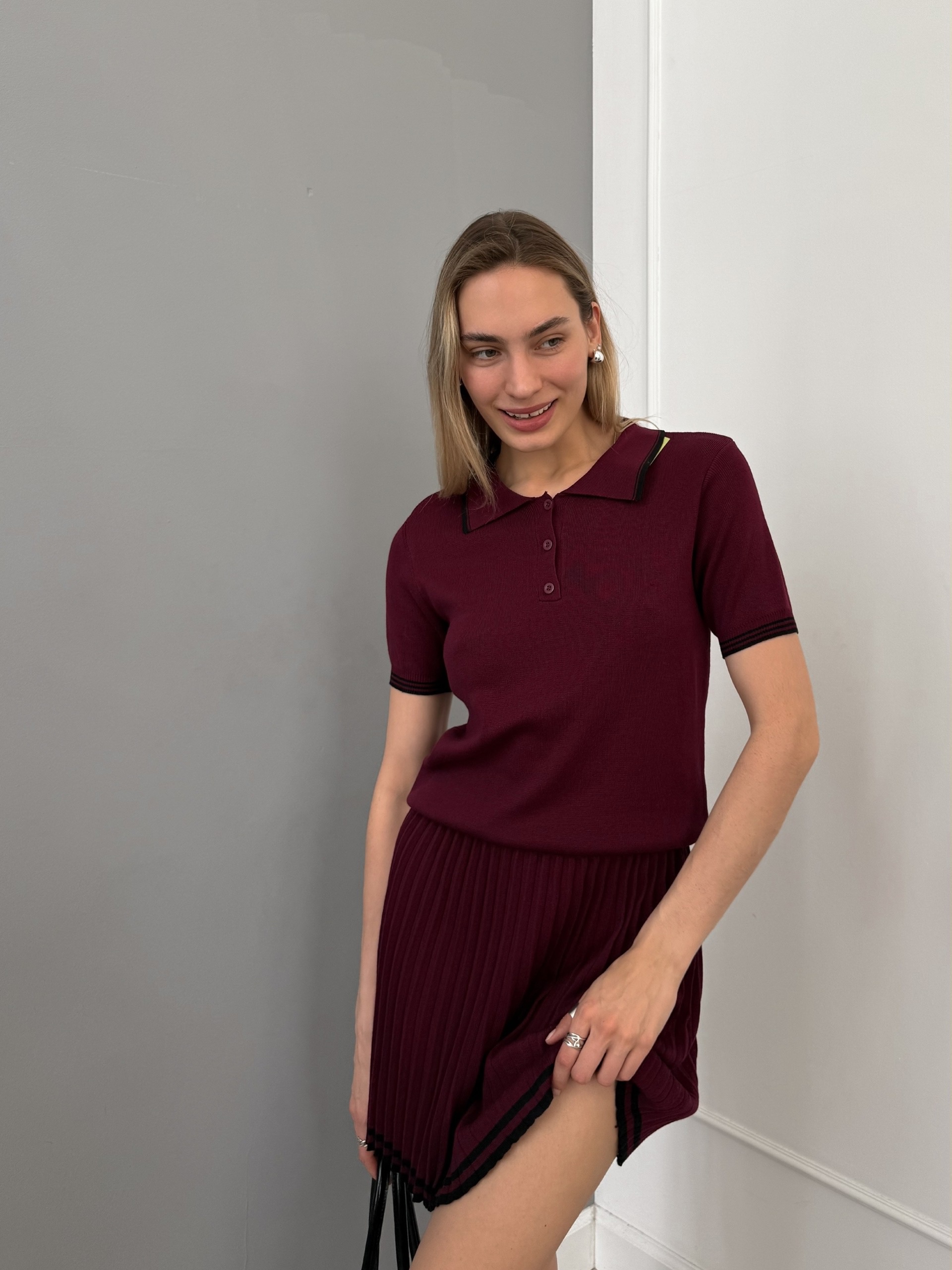 Костюм 9757 трикотаж футболка поло+плиссе плиссе мини