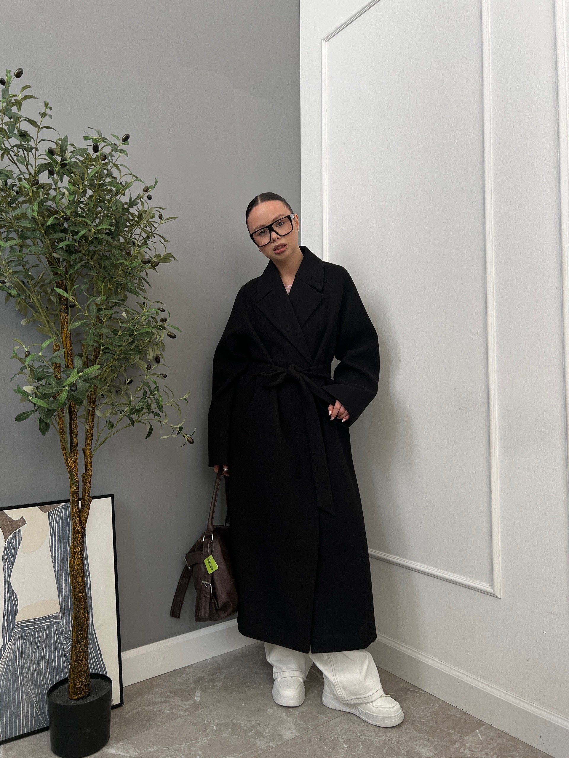 Пальто Aoyibao 8502 с поясом косые карманы