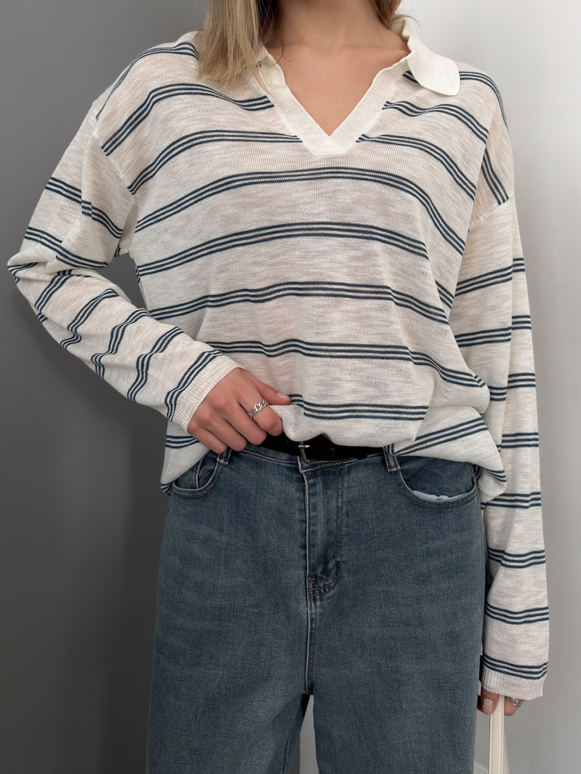 Джемпер WG 6855 v вырез полоска